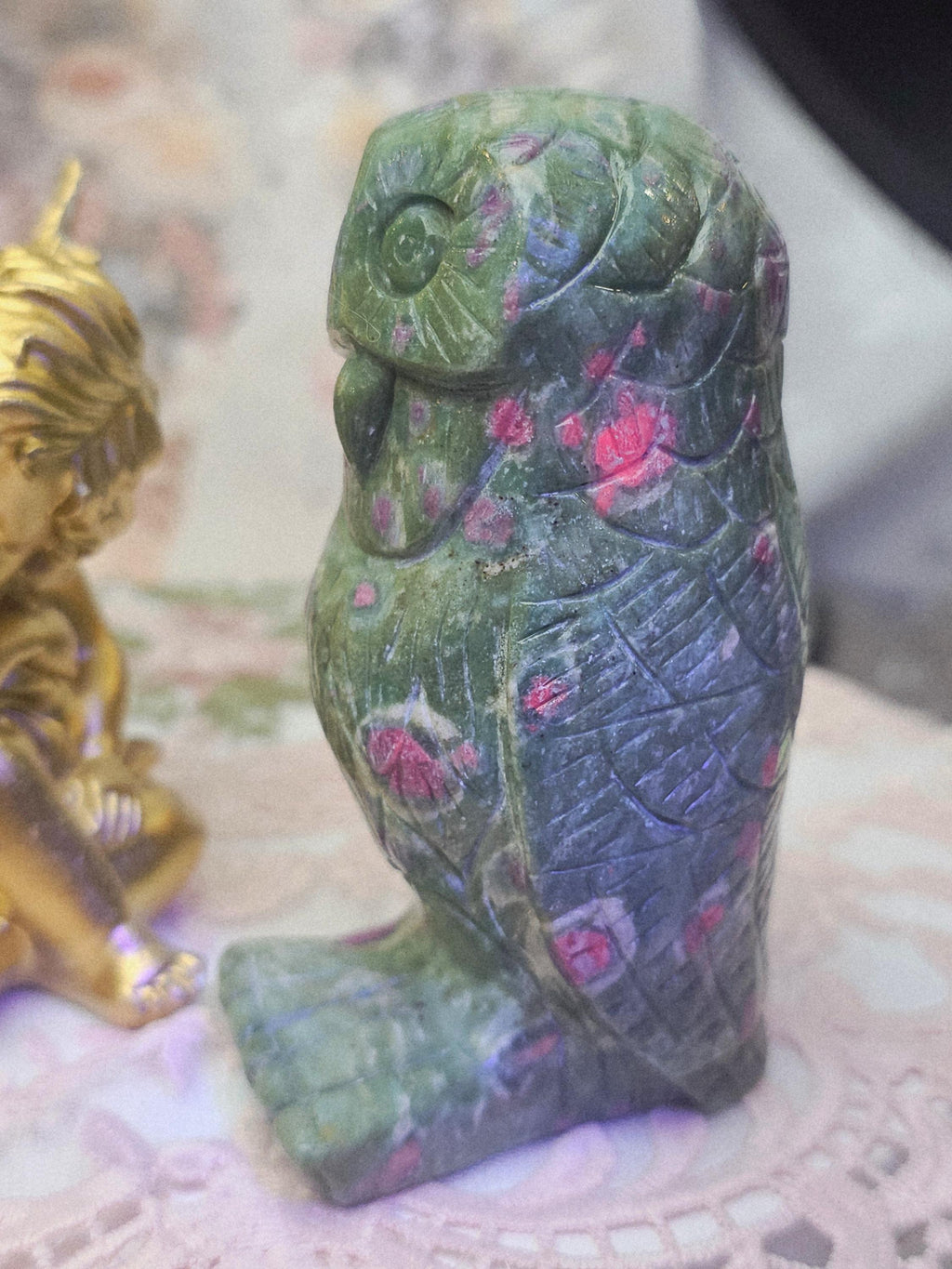 Ruby Fuchsite Owl Carving, Reiki Crystal Decor