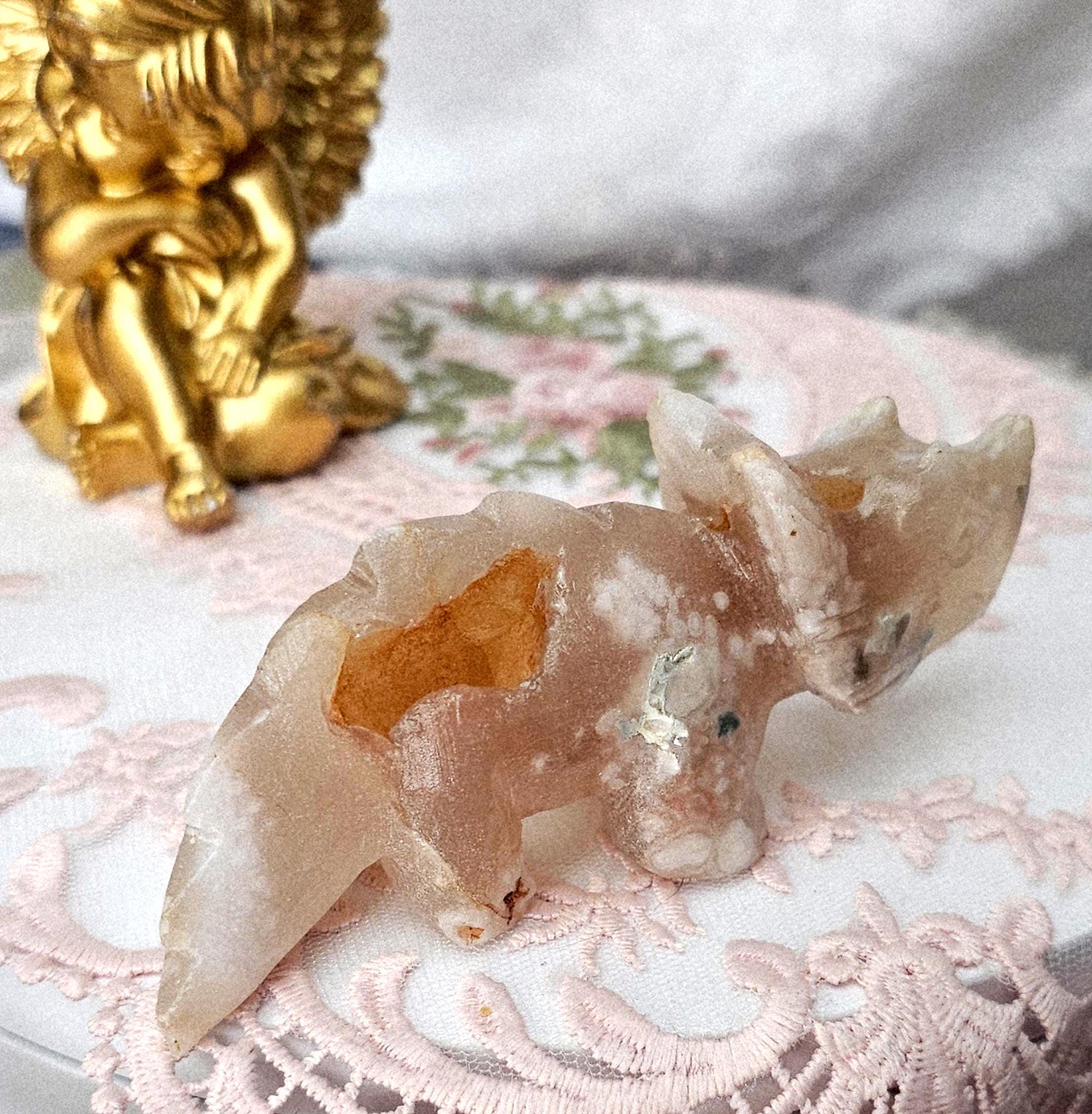 Flower Agate Dinosaur Carving, Druzy Crystal Sculpture