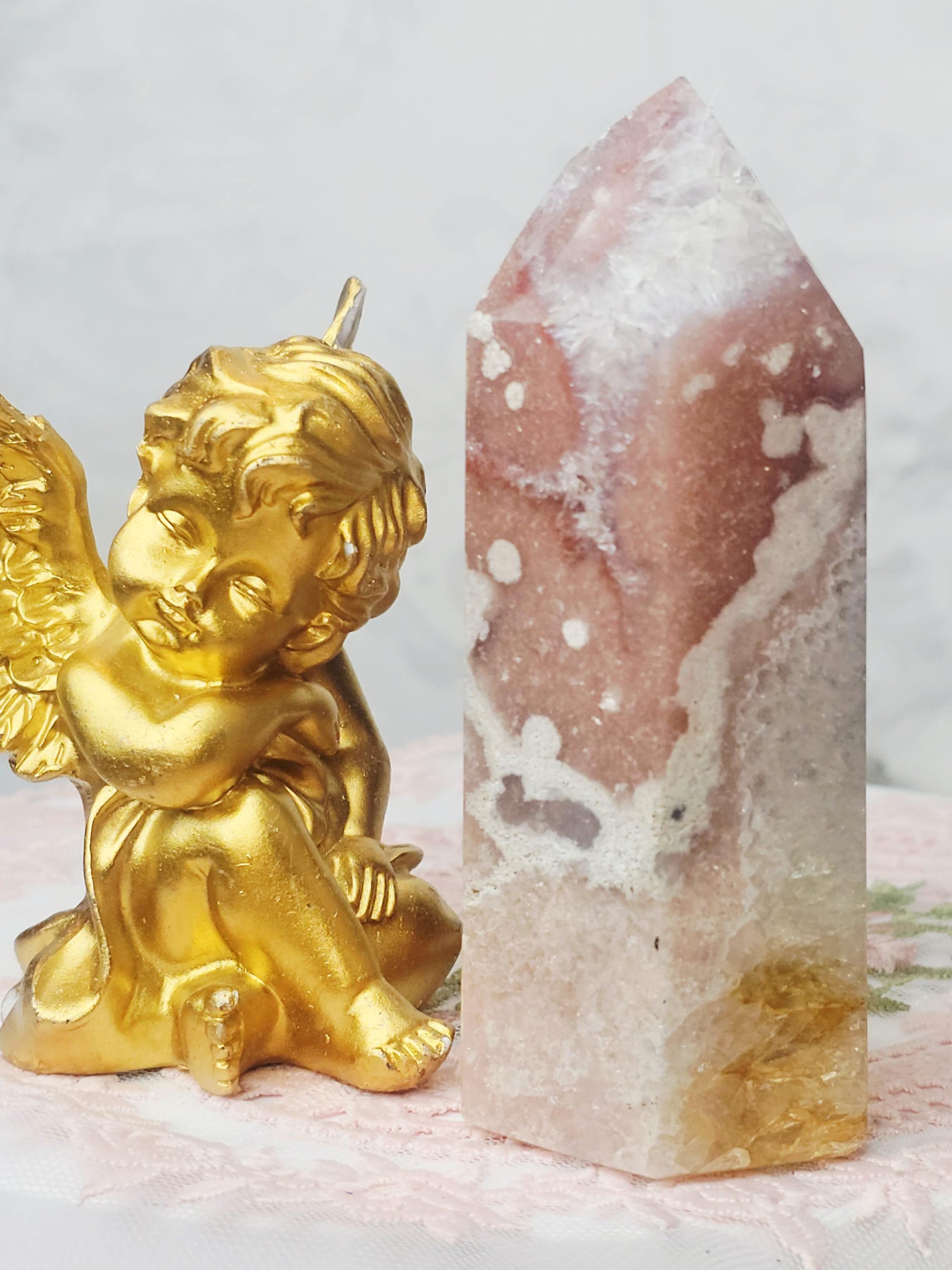 Pink Amethyst Tower, Golden Healer Druzy Crystal, Reiki Infused