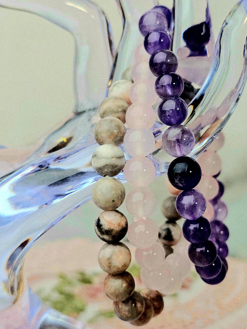 Amethyst & Pink Zebra Jasper Bracelet Set – Reiki Cleansed Gemstones