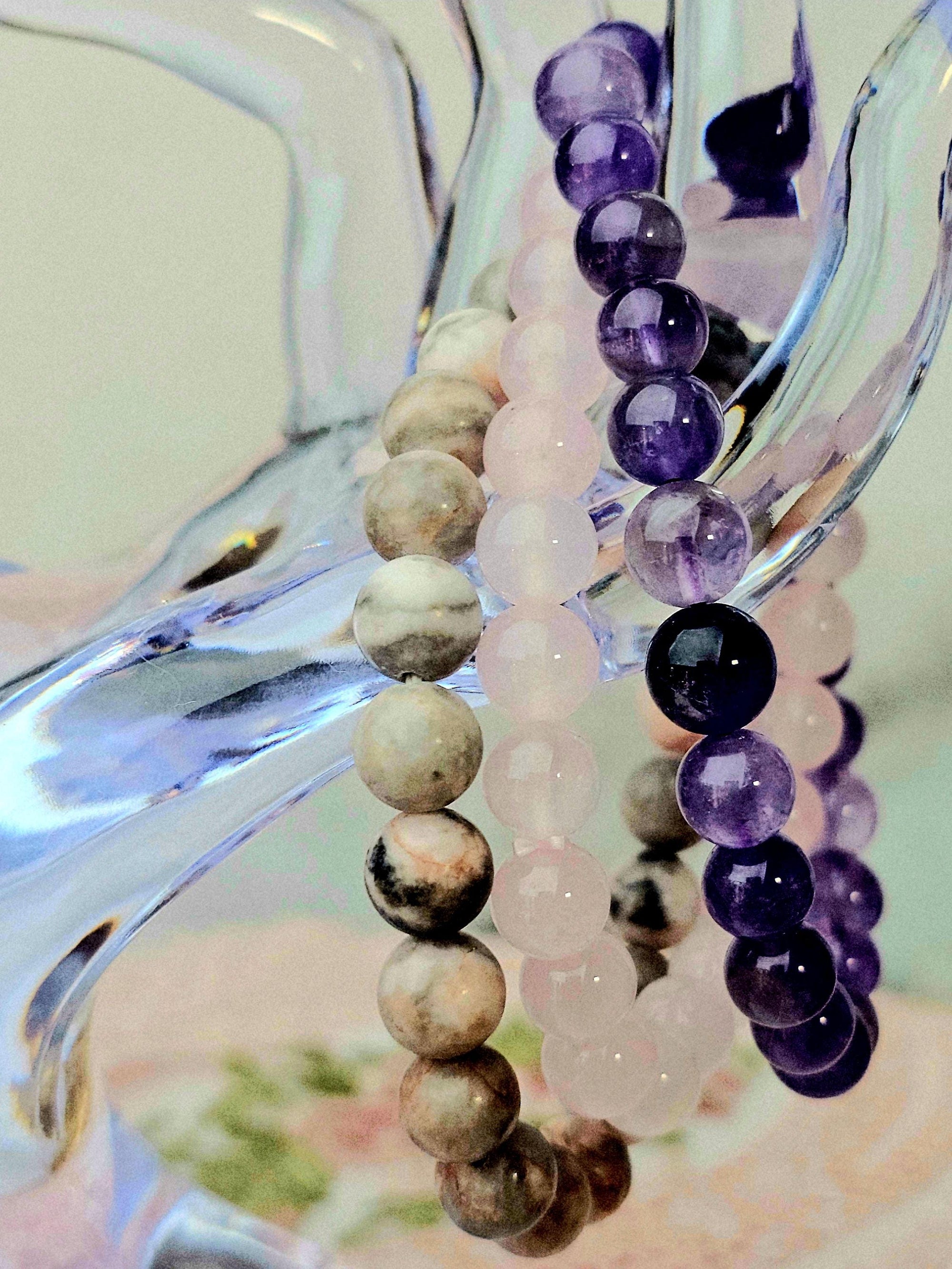 Amethyst & Pink Zebra Jasper Bracelet Set – Reiki Cleansed Gemstones
