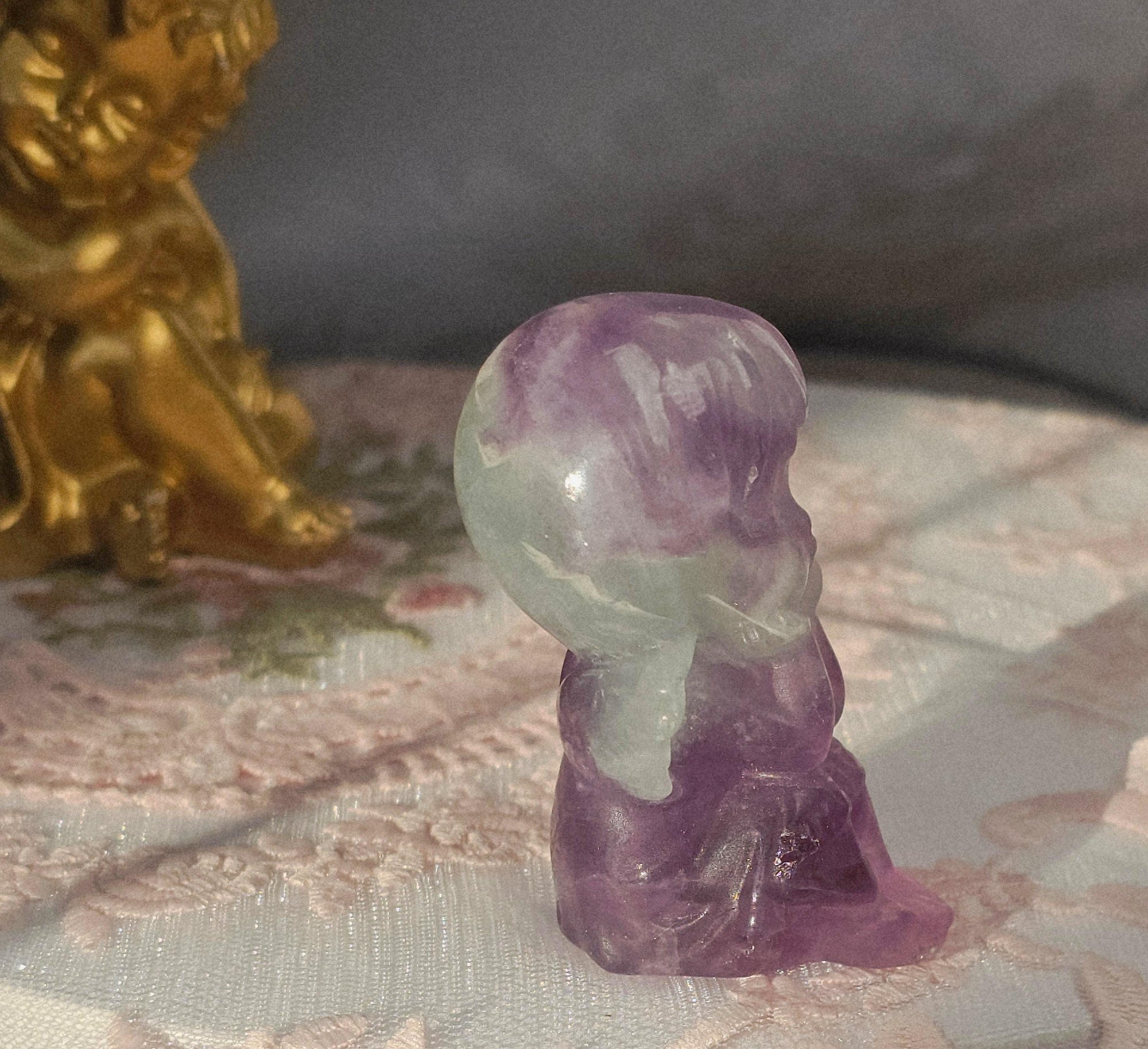 Fluorite Angel Sculpture, Handmade Crystal Figurine
