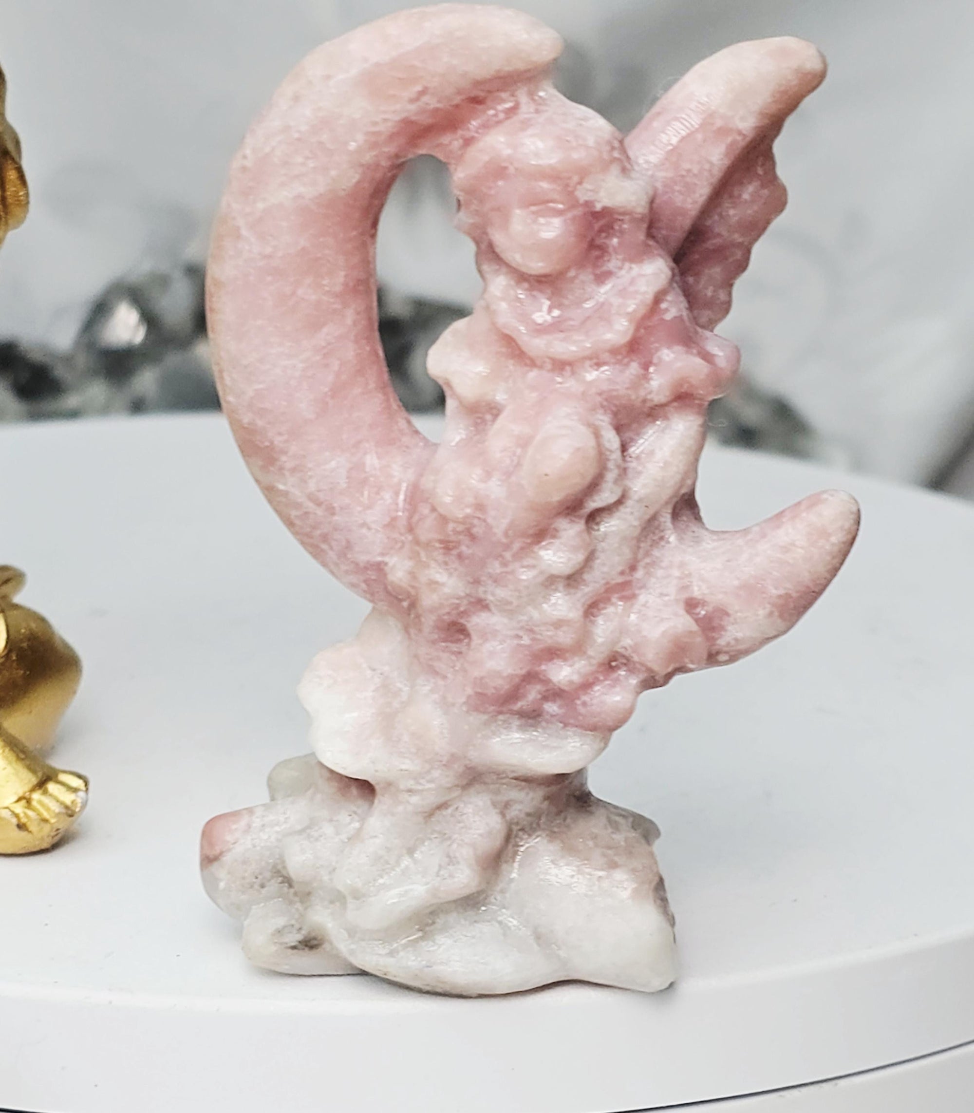 Pink Opal Fairy in a Moon , Pink Opal, Pink Fairy, Crystal Sculpture, Dragon, Fairy