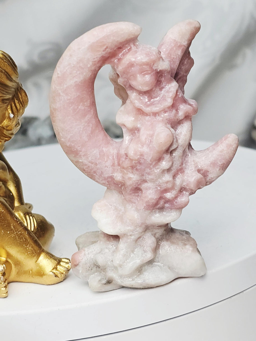 Pink Opal Fairy in a Moon , Pink Opal, Pink Fairy, Crystal Sculpture, Dragon, Fairy