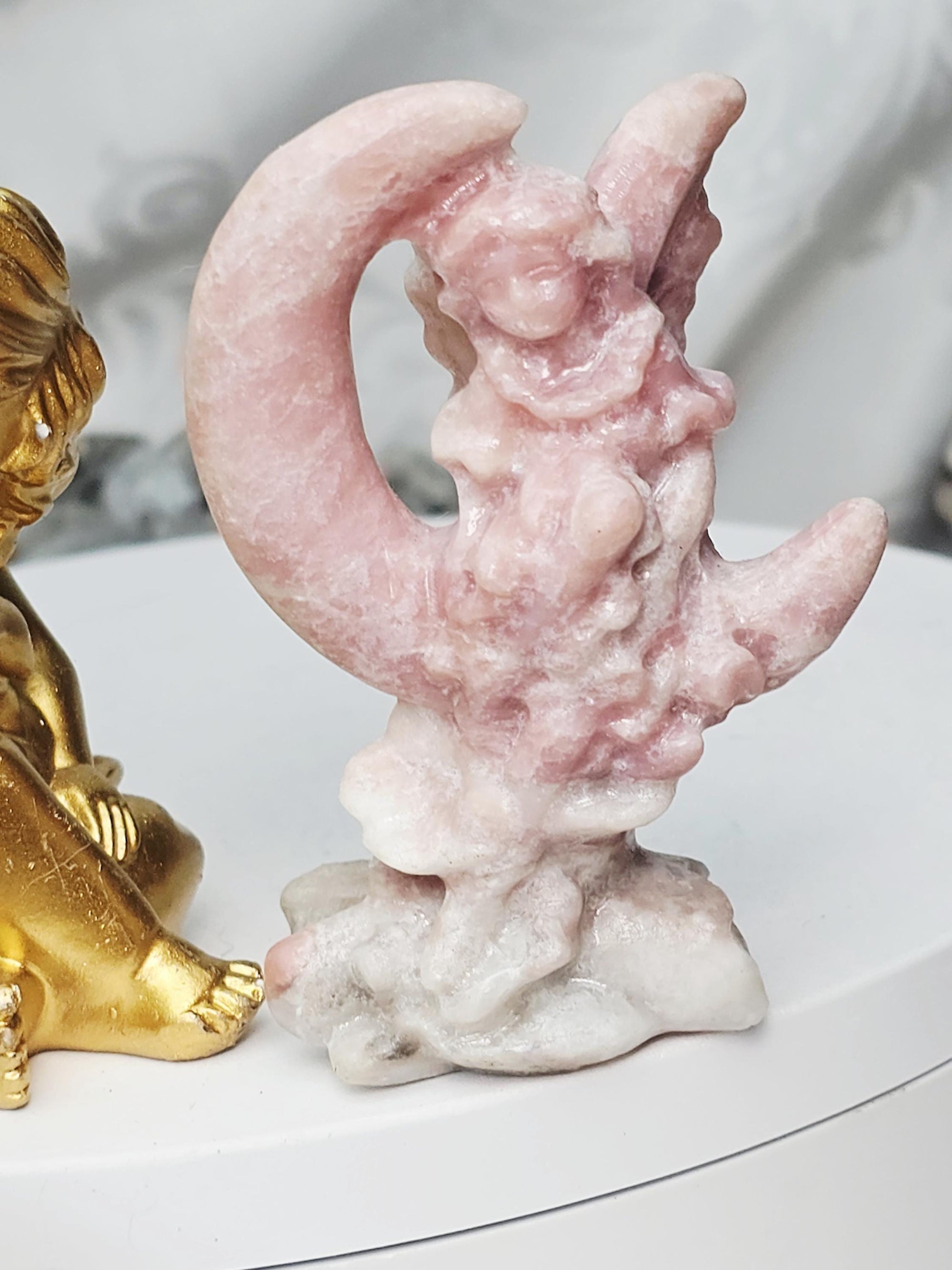 Pink Opal Fairy in a Moon , Pink Opal, Pink Fairy, Crystal Sculpture, Dragon, Fairy