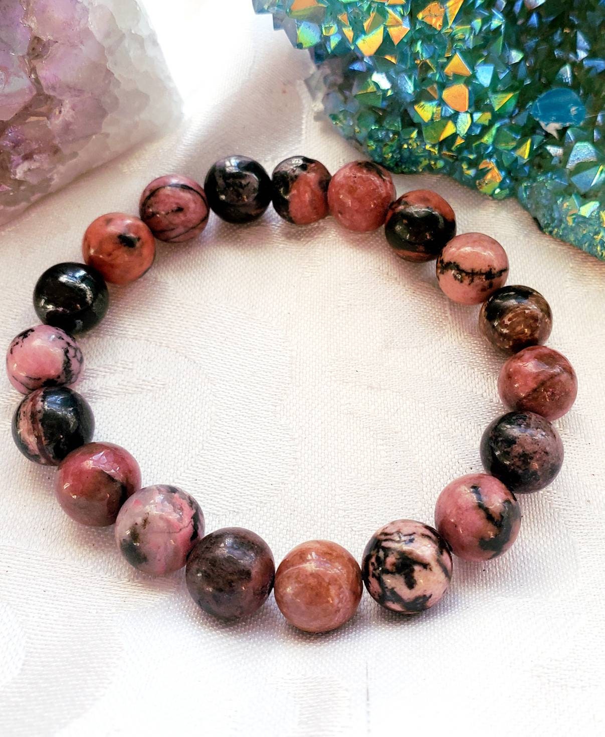 Rhodonite Bracelet 9mm- Round Beads - Birthstone Jewelry, Crystal Bracelet, Beaded Jewelry, Gemstone Bracelet