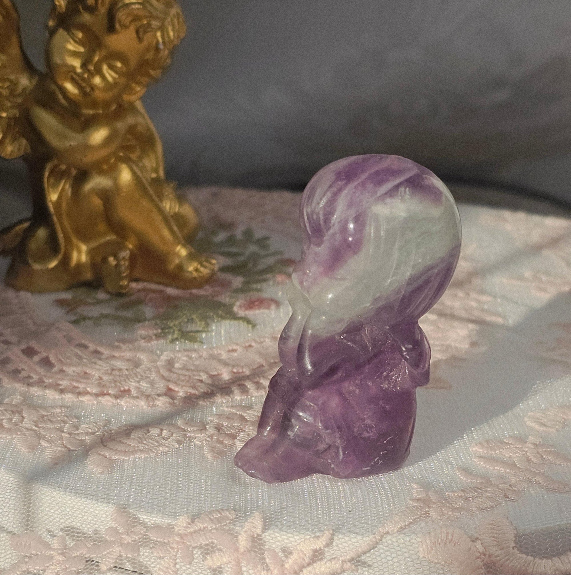 Fluorite Angel Sculpture, Handmade Crystal Figurine