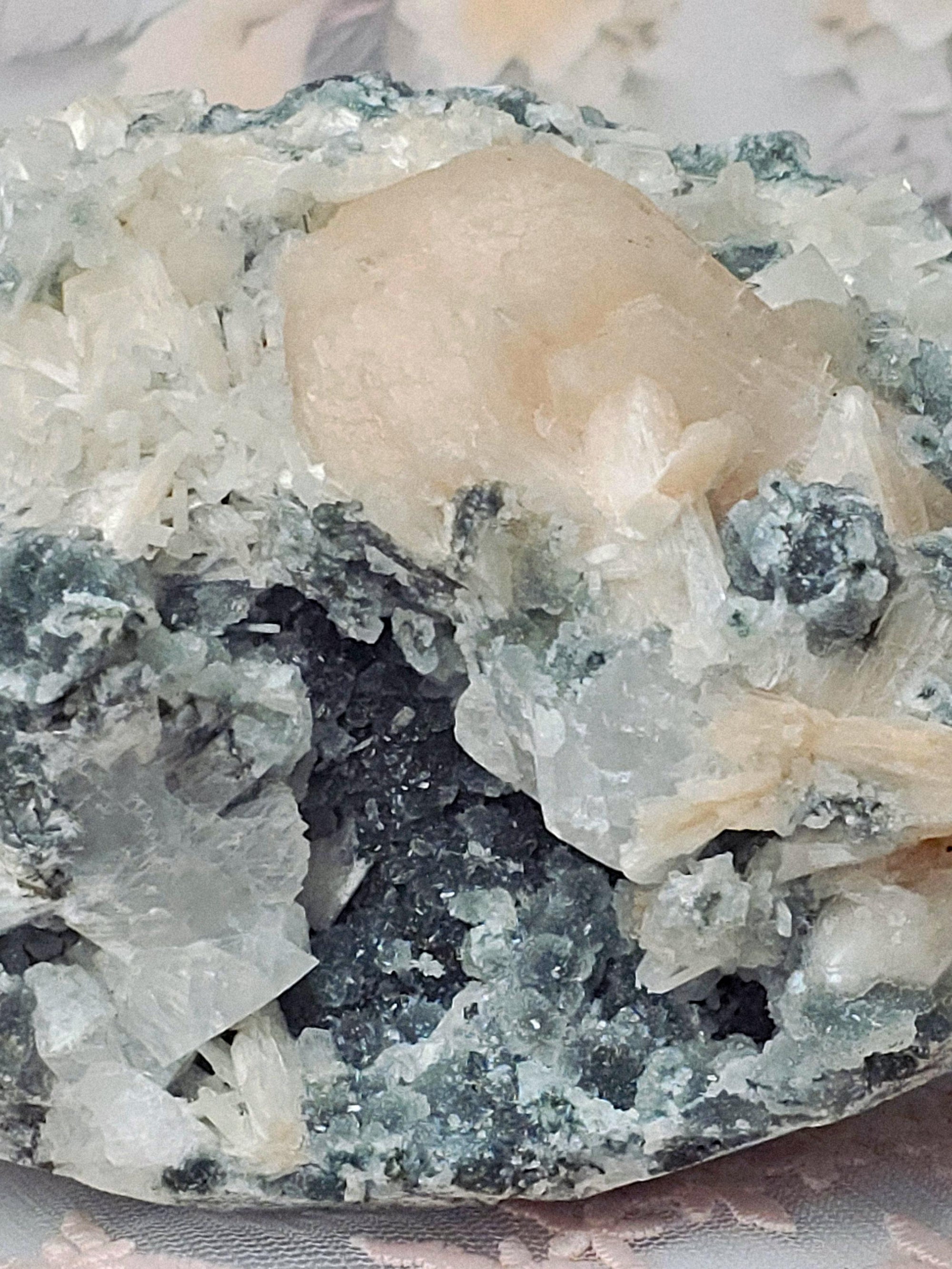 Large Apophyllite Cluster with Green Chalcedony and Stillbite, India