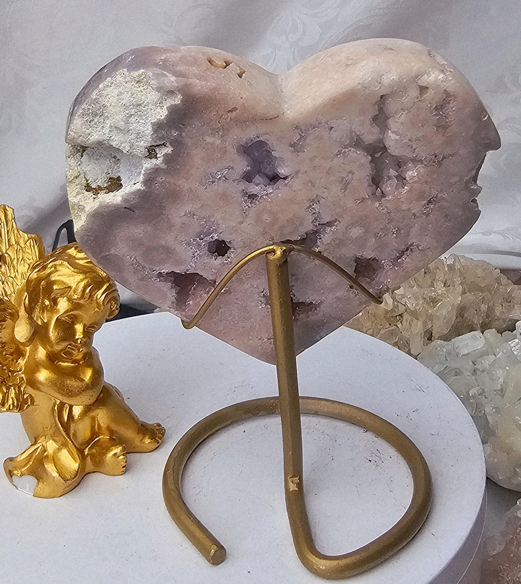 Pink Amethyst Druzy Heart, Brazilian Crystal on Gold Stand