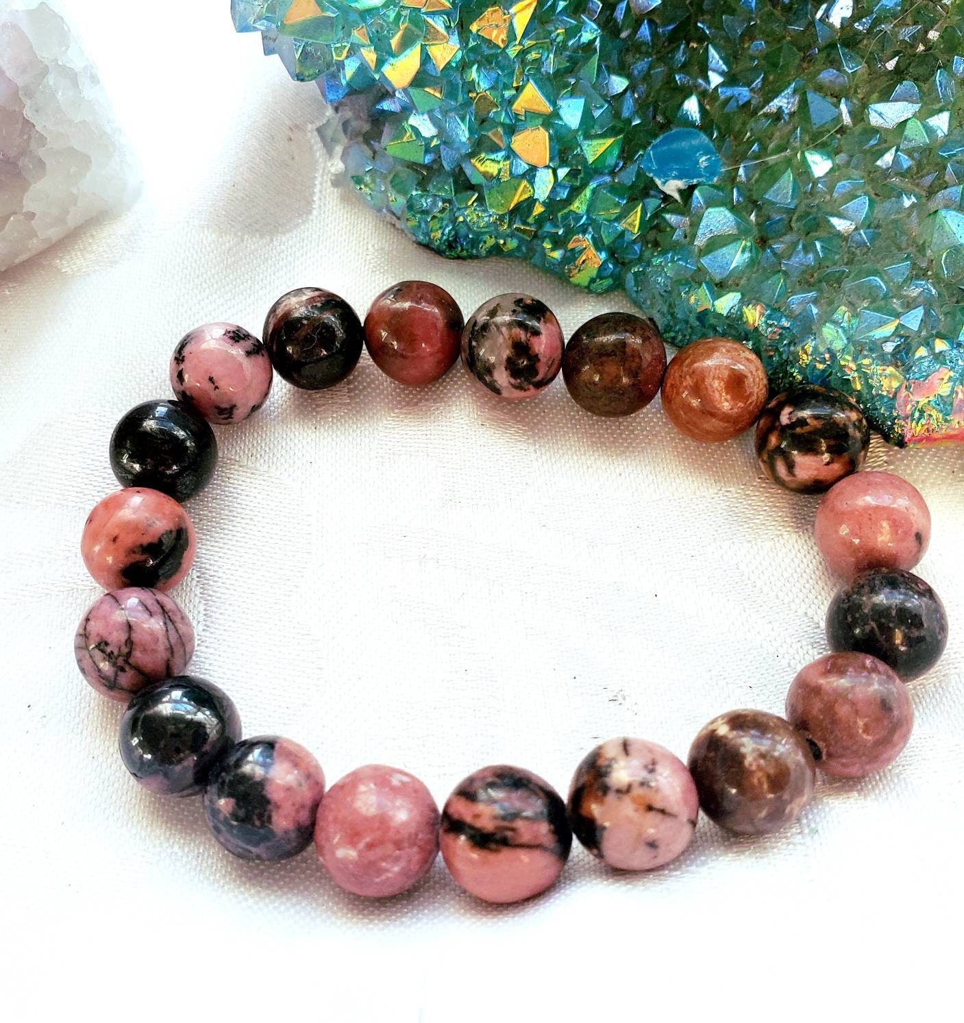 Rhodonite Bracelet 9mm- Round Beads - Birthstone Jewelry, Crystal Bracelet, Beaded Jewelry, Gemstone Bracelet