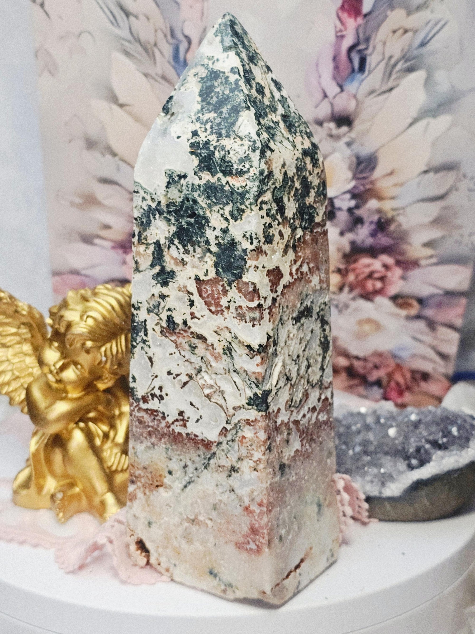 Rare Pink Amethyst Moss Agate Tower, Large Crystal Point, Crystals, Healing crystals, Calming Stone