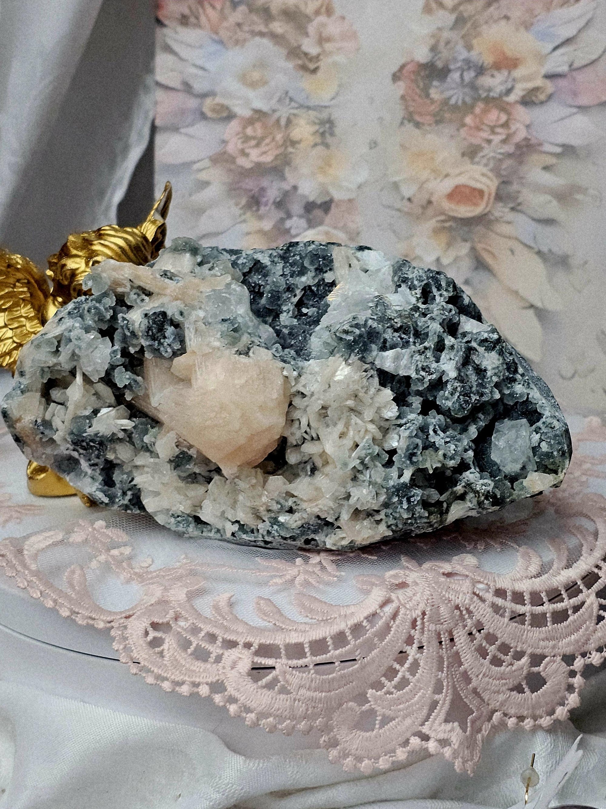 Large Apophyllite Cluster with Green Chalcedony and Stillbite, India