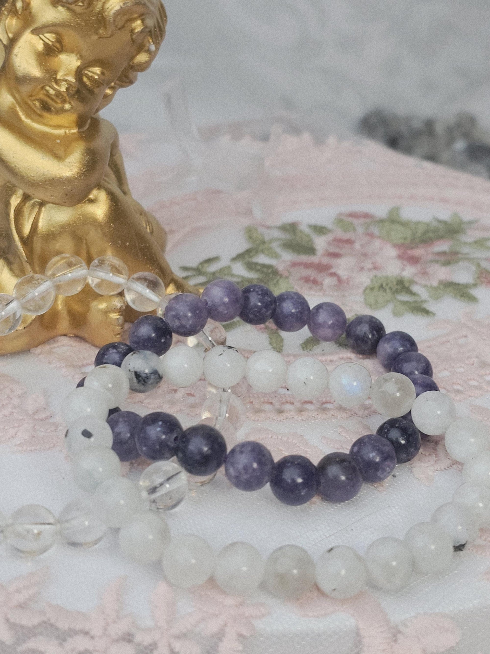 Lepidolite Moonstone Quartz Bracelet Set, Boho Crystal Healing