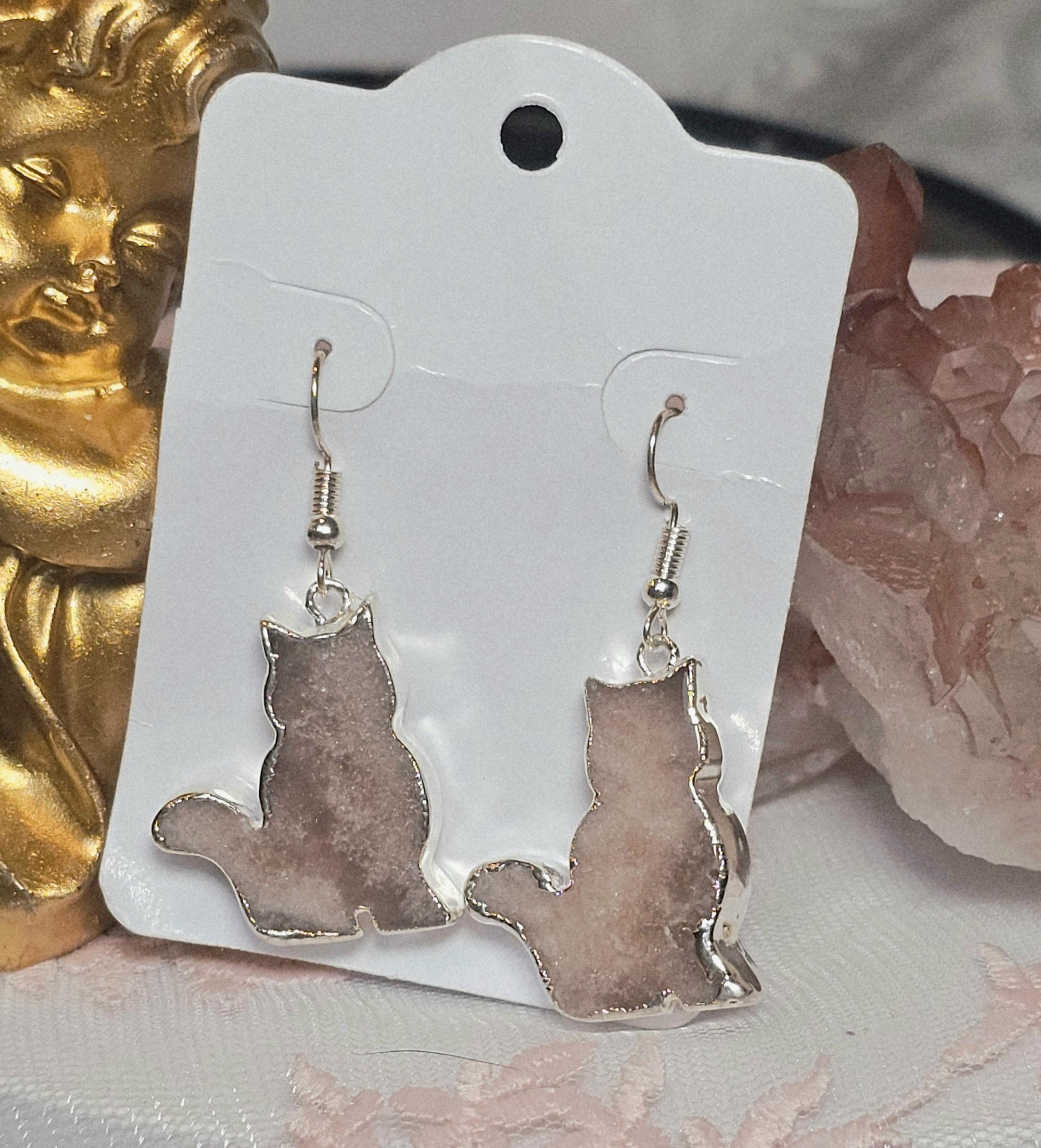 Pink Amethyst Cat Earrings, 925 Sterling Silver, Handmade Jewelry