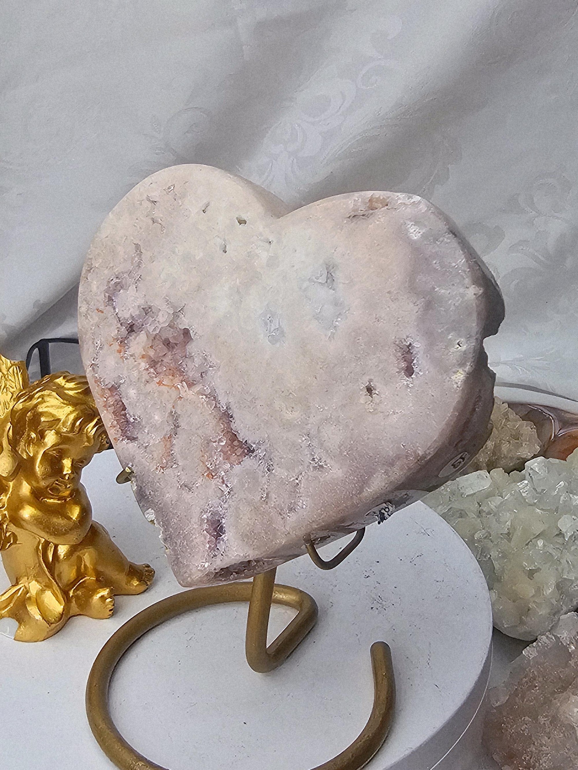 Pink Amethyst Druzy Heart, Brazilian Crystal on Gold Stand