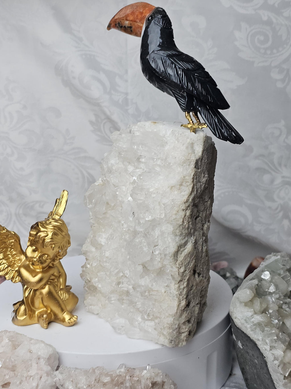 LG Toucan on Quartz Cluster, Obsidian, Sunstone and Quartz Bird, Crystal Bird, Bird Sculpture, Gift