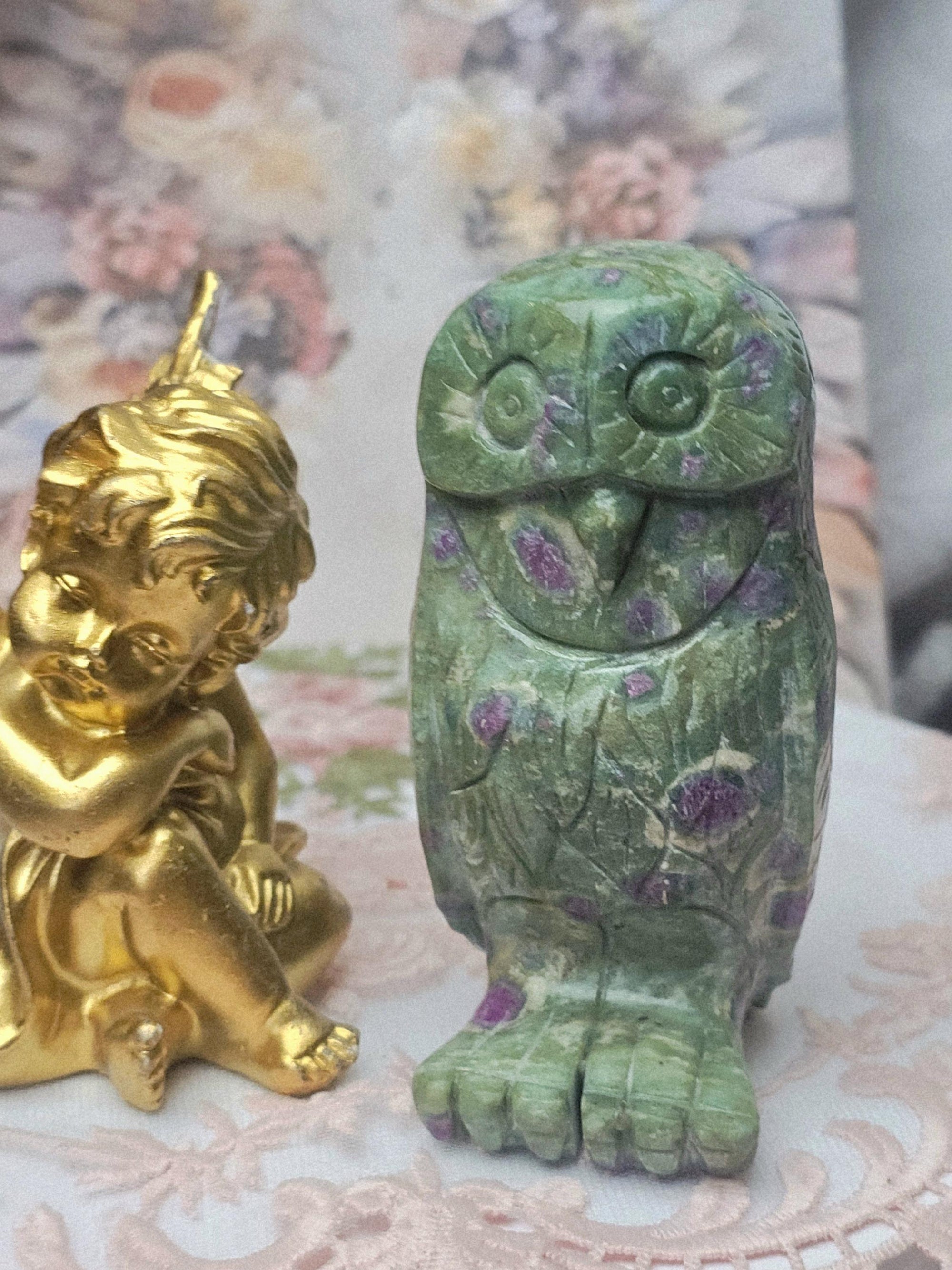 Ruby Fuchsite Owl Carving, Reiki Crystal Decor