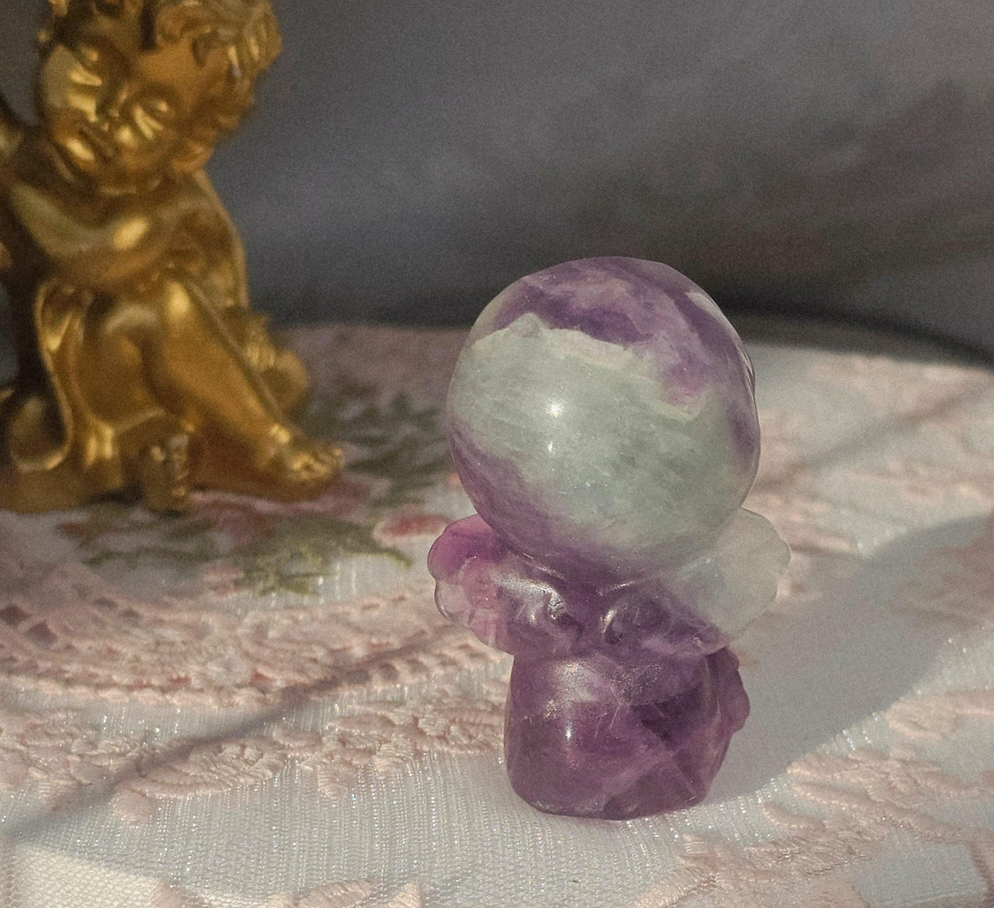 Fluorite Angel Sculpture, Handmade Crystal Figurine