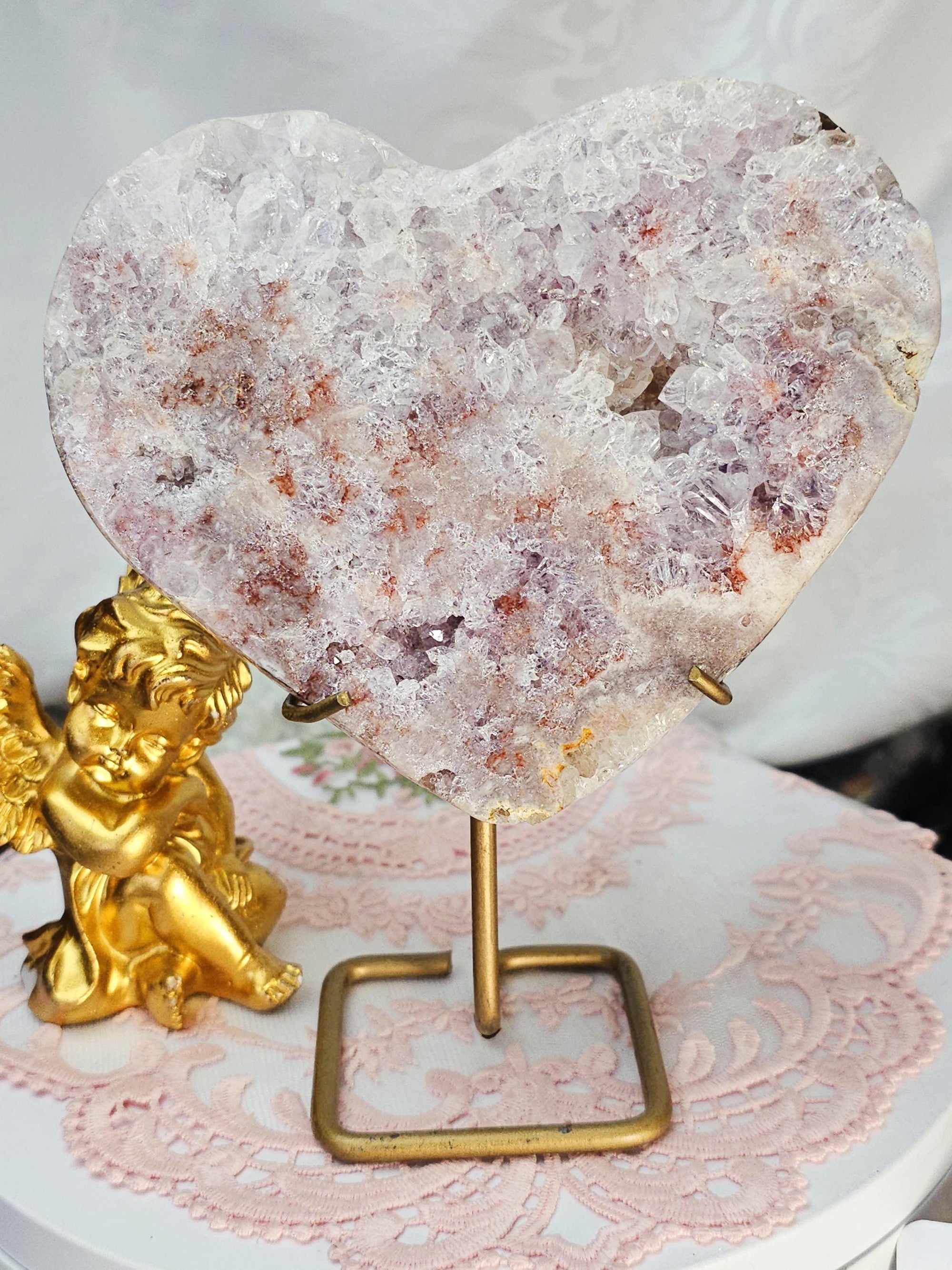 Pink Amethyst Druzy Heart on Rose Gold Stand