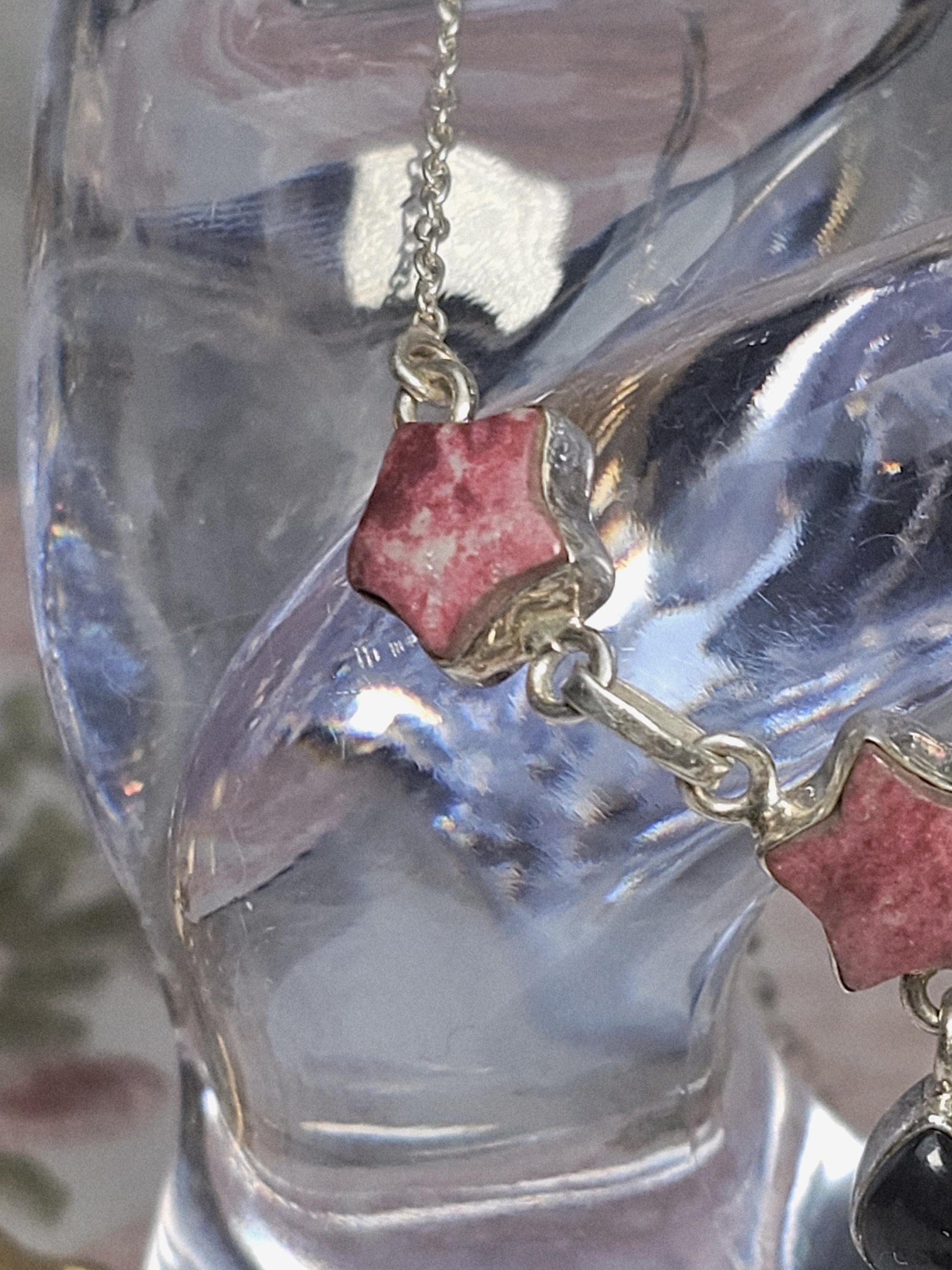 Thulite and Obsidian 925 Silver Necklace, - Birthstone Jewelry, Crystal necklace,  Gemstone Necklace