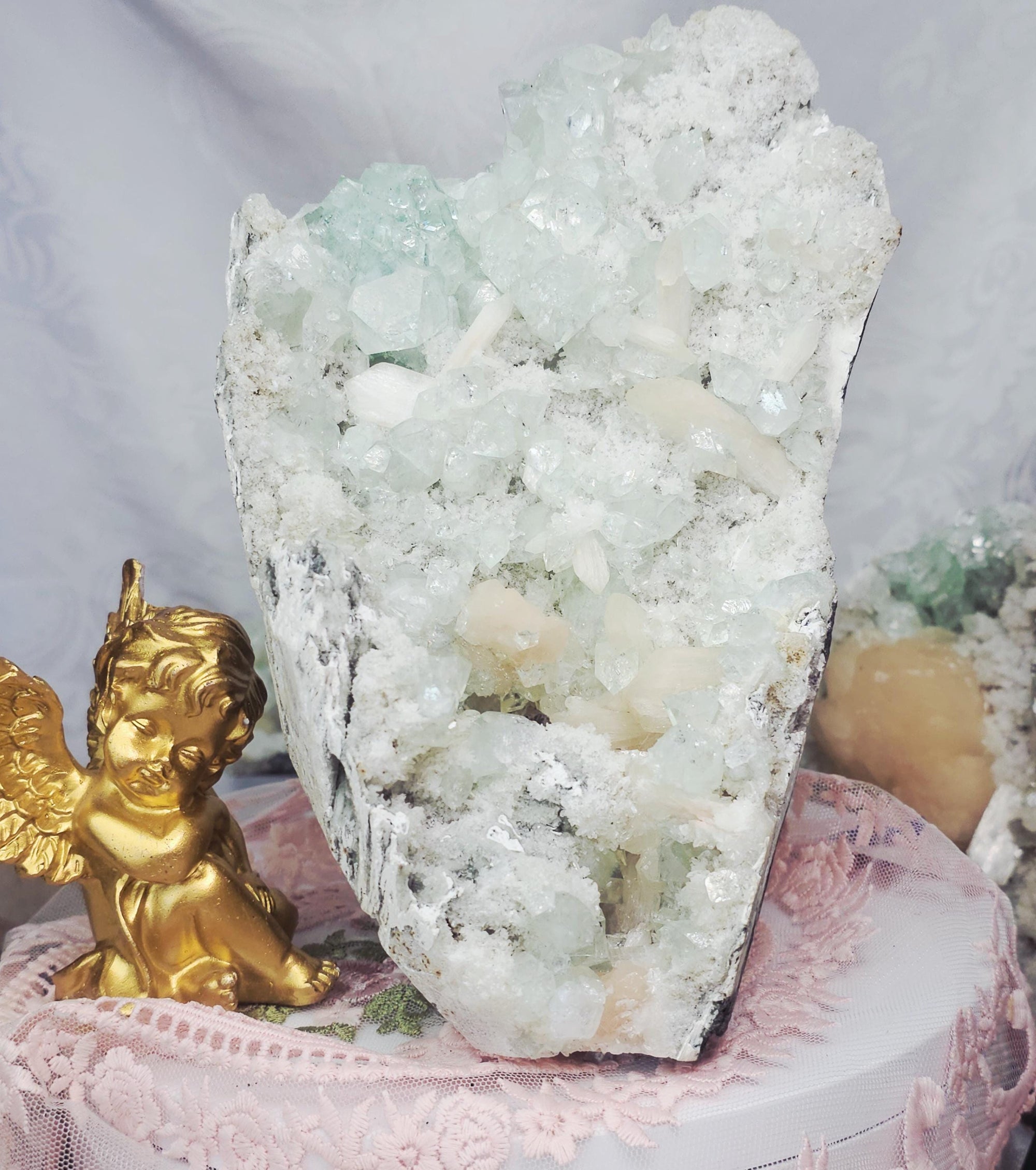 RARE LG 3lb Sugar Green Diamond  Apophyllite with Stillbite from India , Apophyllite, Crystal, Crystals, Home decor