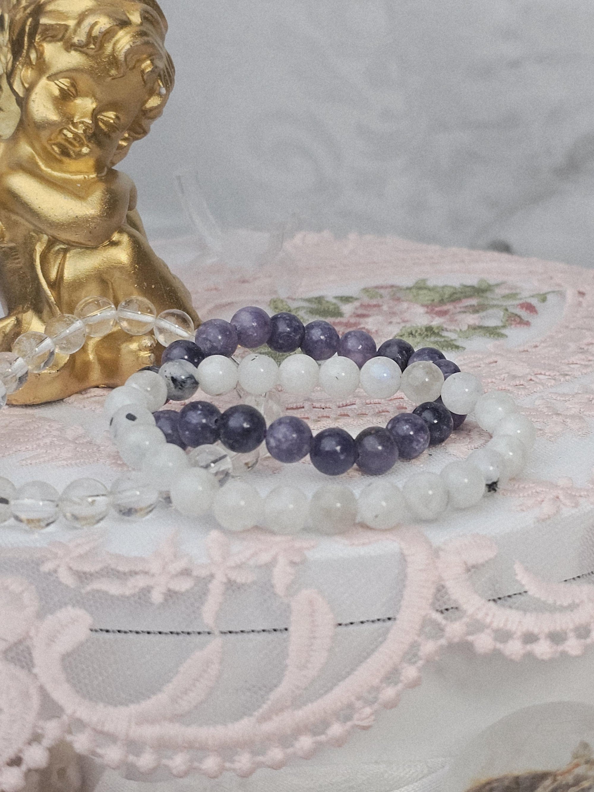 Lepidolite Moonstone Quartz Bracelet Set, Boho Crystal Healing