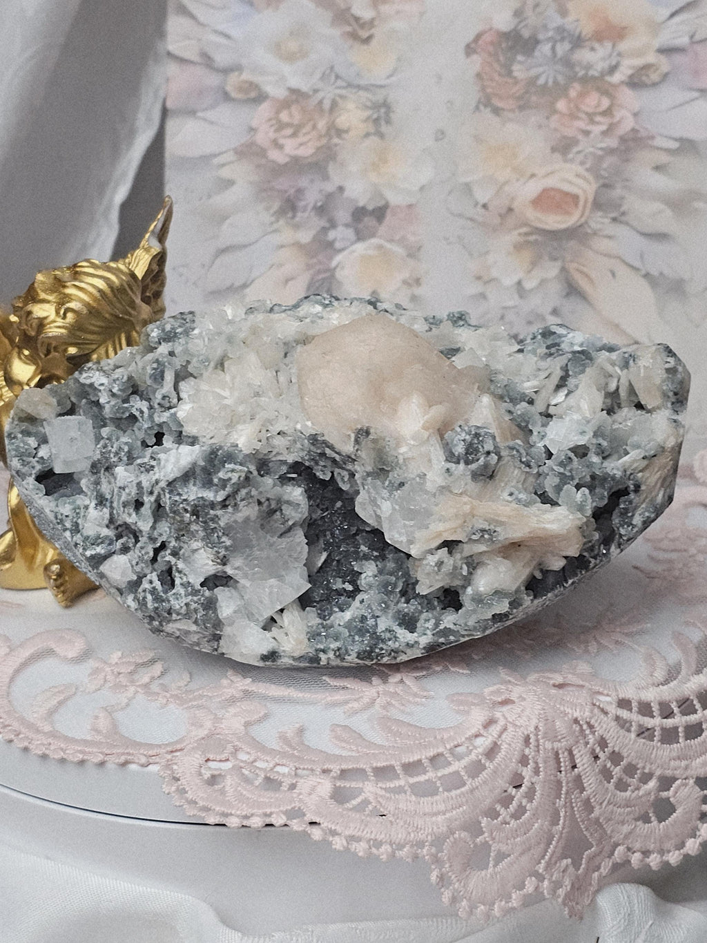 Large Apophyllite Cluster with Green Chalcedony and Stillbite, India