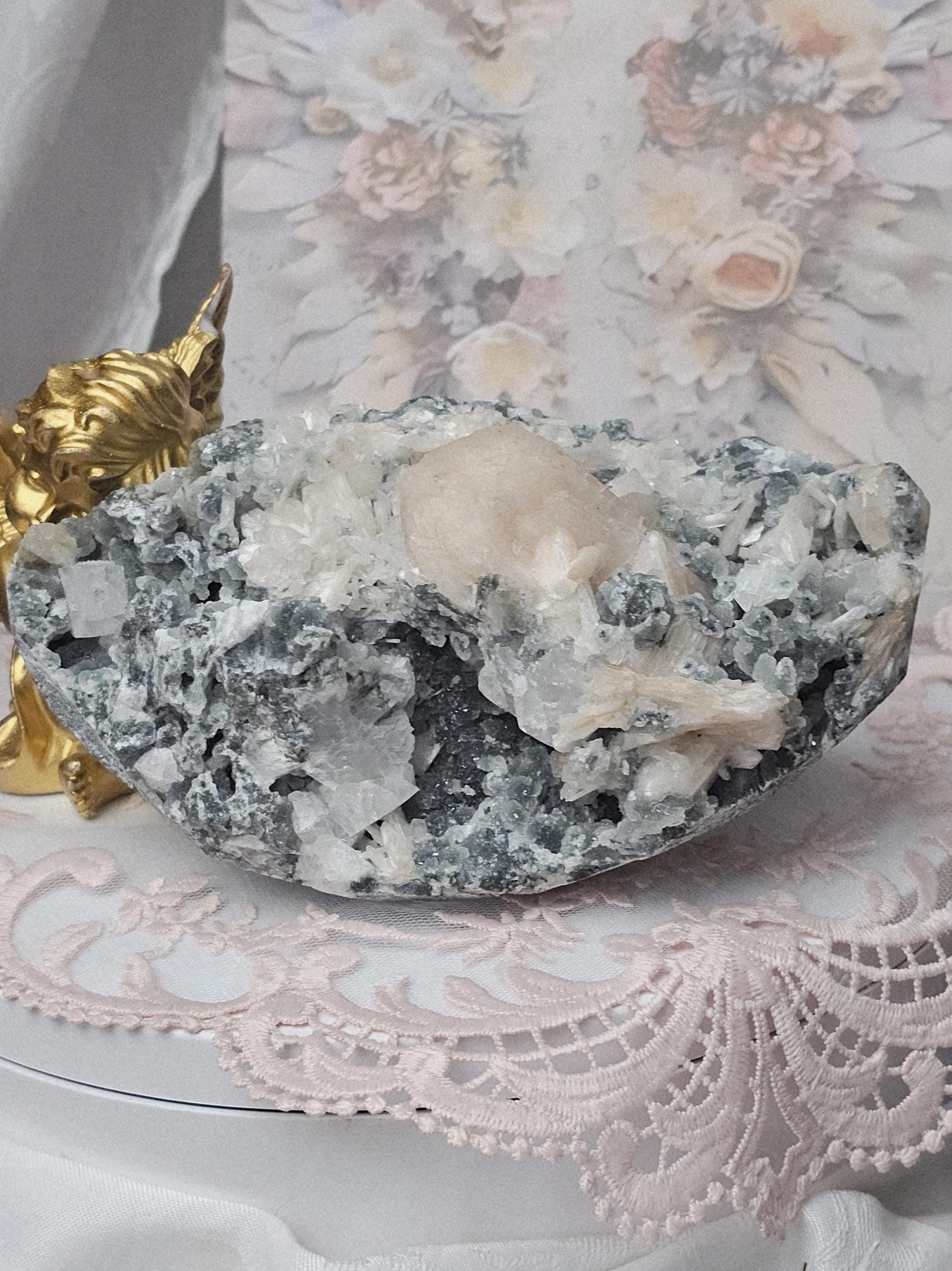 Large Apophyllite Cluster with Green Chalcedony and Stillbite, India