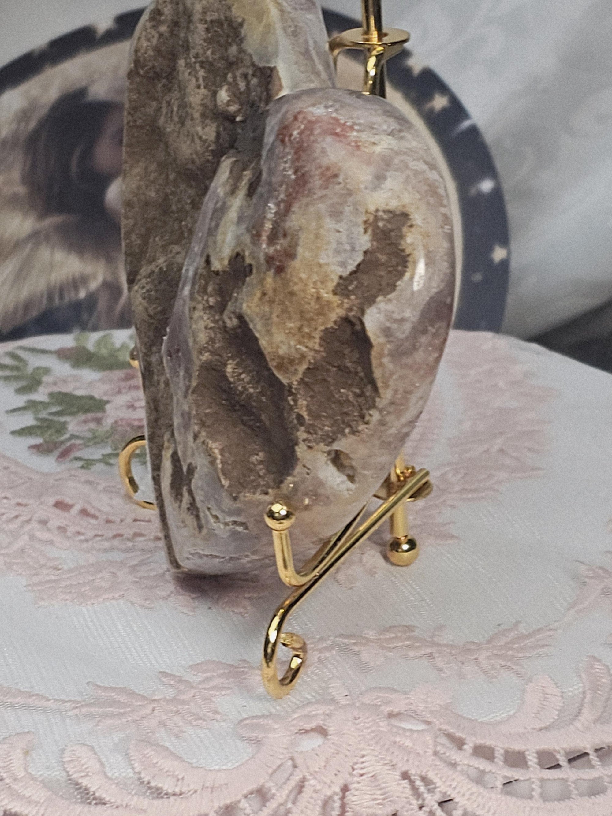 Pink Amethyst Druzy Heart, Brazilian Crystal, Rose Gold Stand
