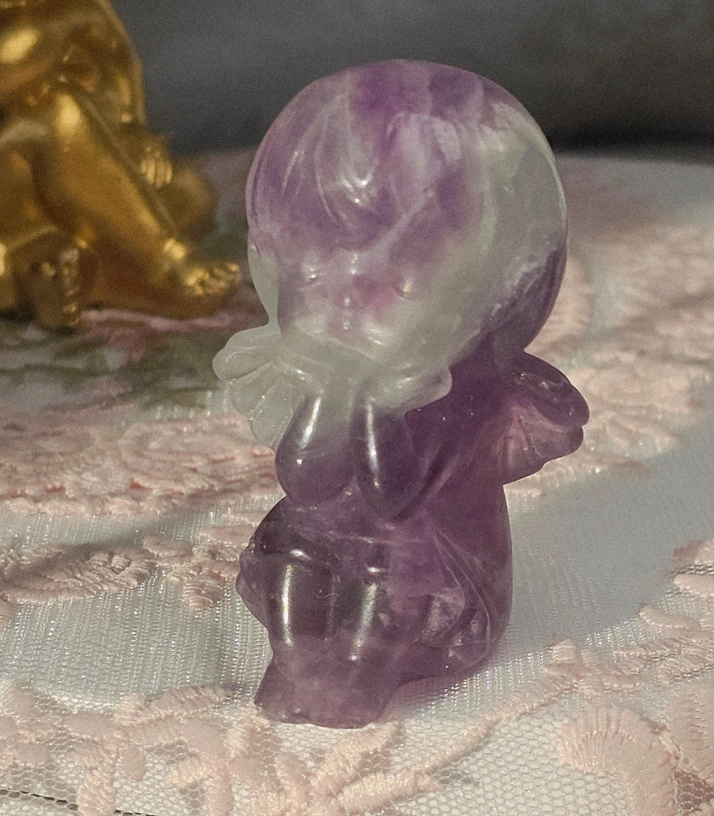 Fluorite Angel Sculpture, Handmade Crystal Figurine