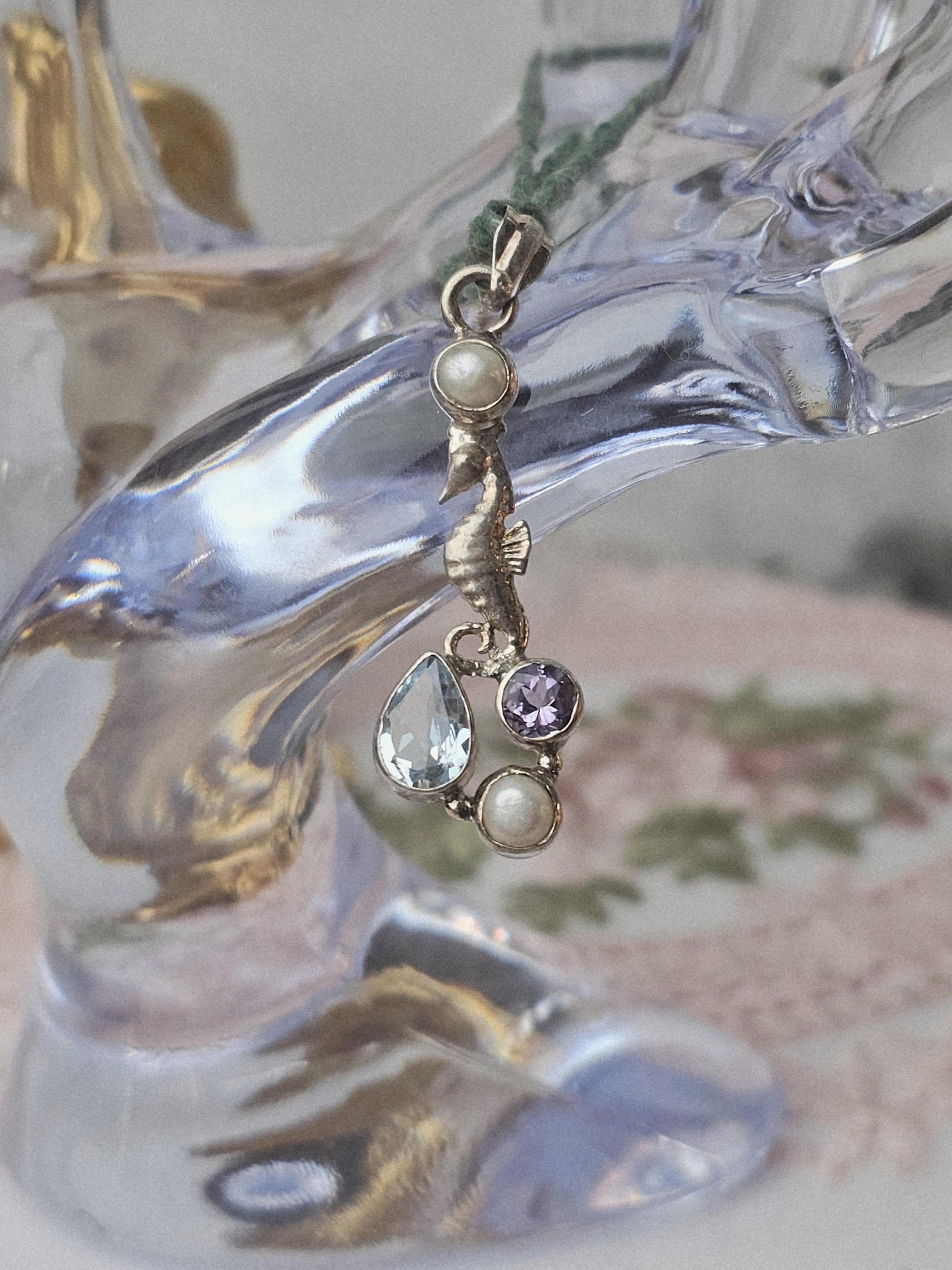 Aquamarine Seahorse 925 Silver Pendant, Amethyst and Pearl