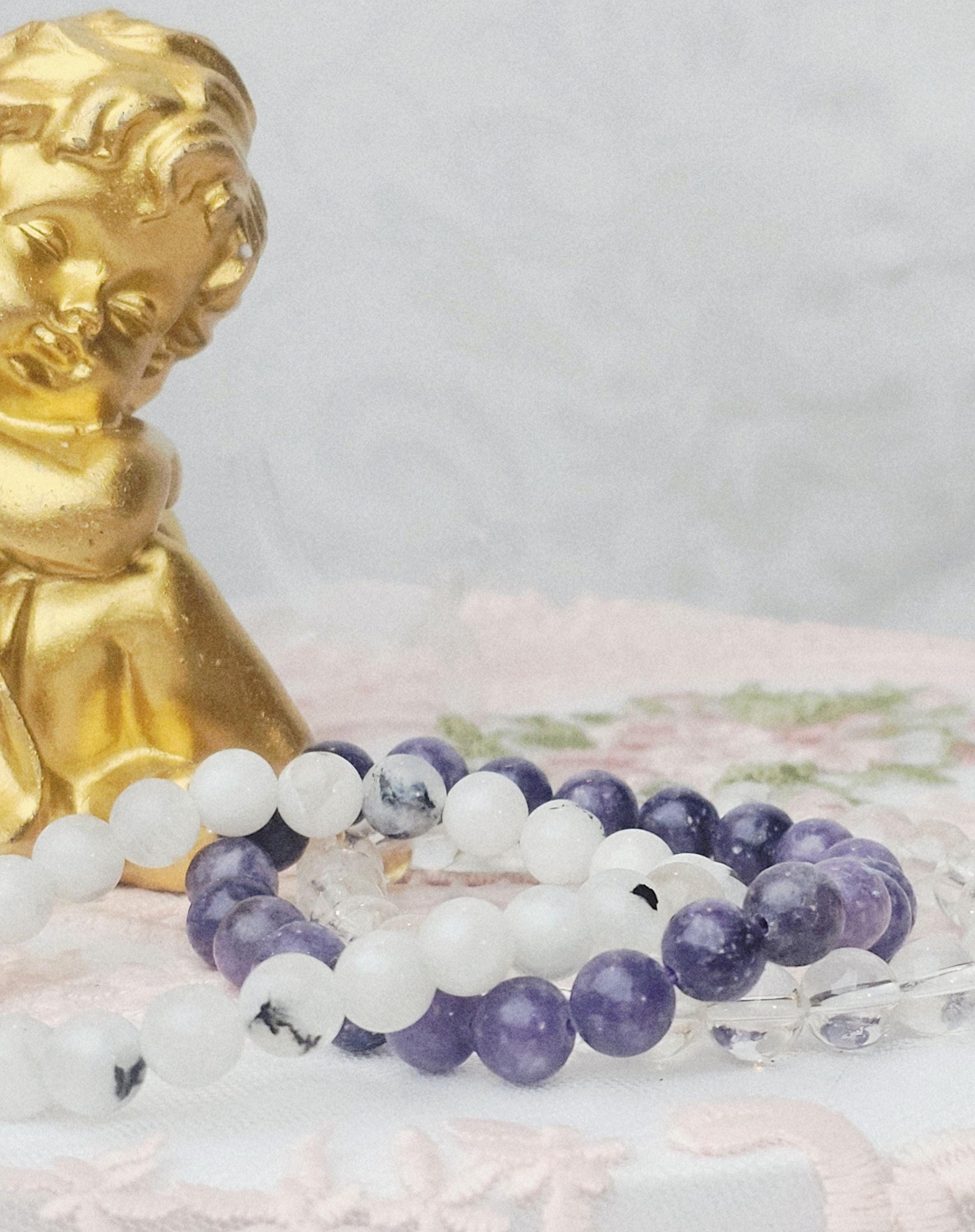 Lepidolite Moonstone Quartz Bracelet Set, Boho Crystal Healing