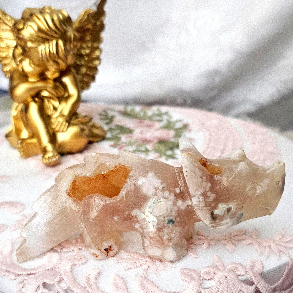 Flower Agate Dinosaur Carving, Druzy Crystal Sculpture