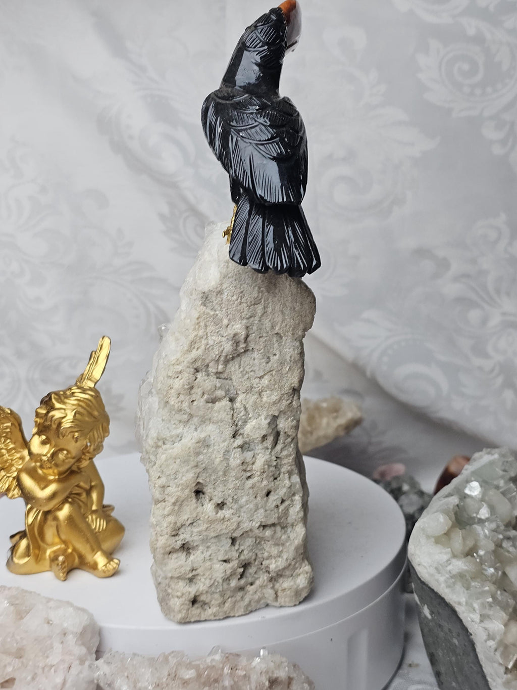 LG Toucan on Quartz Cluster, Obsidian, Sunstone and Quartz Bird, Crystal Bird, Bird Sculpture, Gift