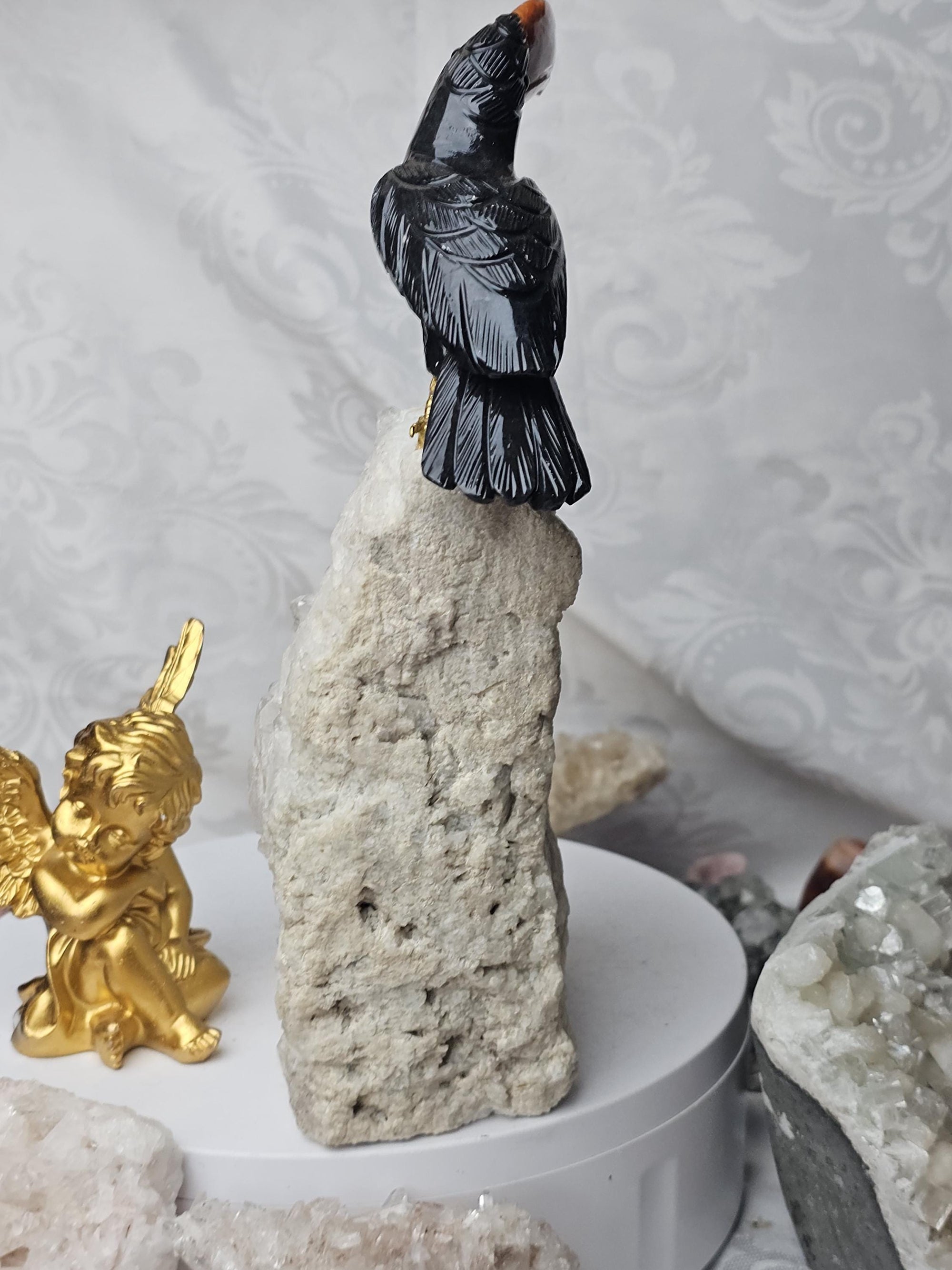 LG Toucan on Quartz Cluster, Obsidian, Sunstone and Quartz Bird, Crystal Bird, Bird Sculpture, Gift