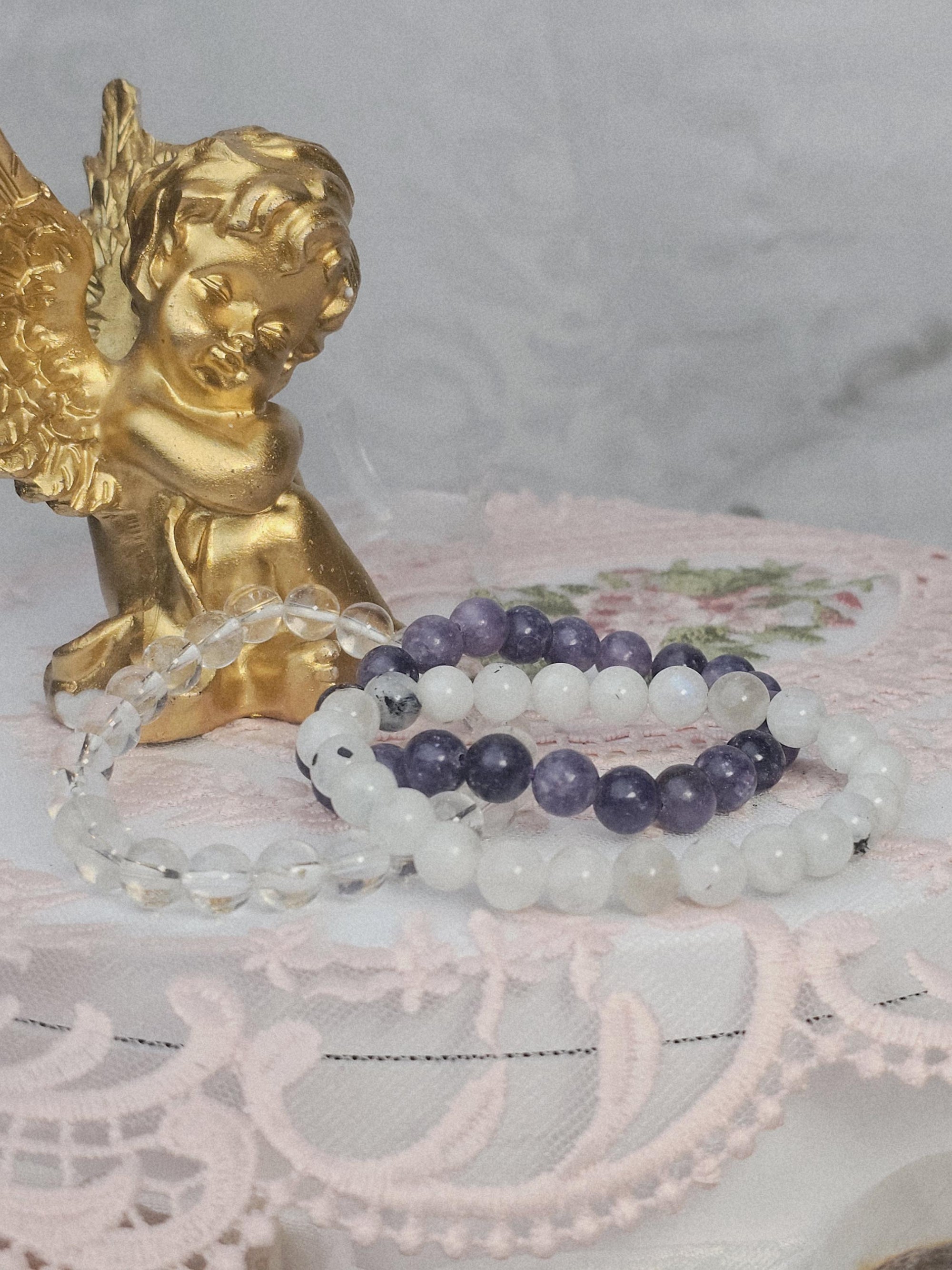 Lepidolite Moonstone Quartz Bracelet Set, Boho Crystal Healing