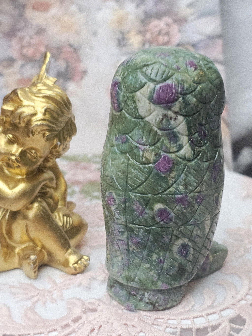 Ruby Fuchsite Owl Carving, Reiki Crystal Decor