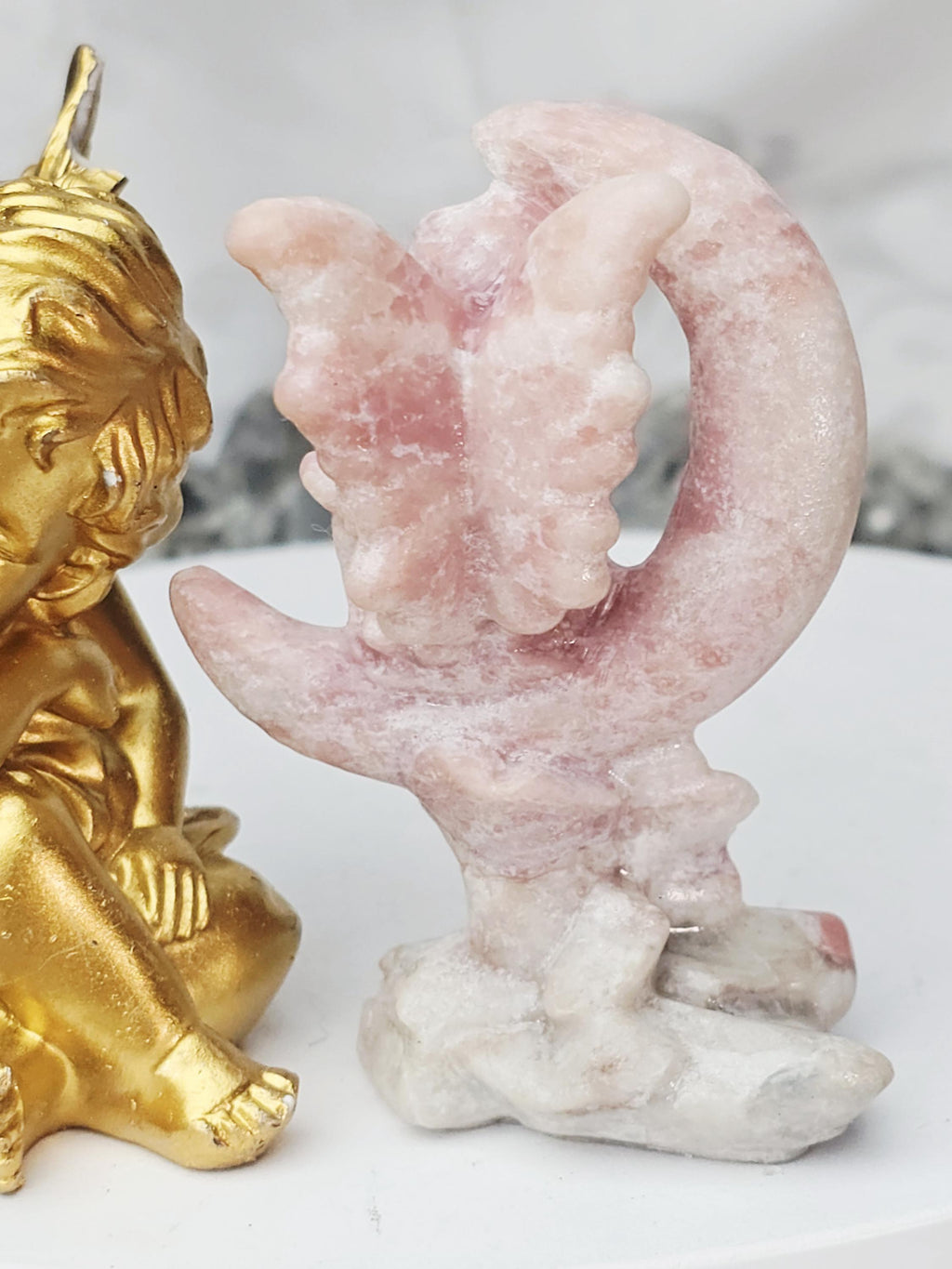 Pink Opal Fairy in a Moon , Pink Opal, Pink Fairy, Crystal Sculpture, Dragon, Fairy