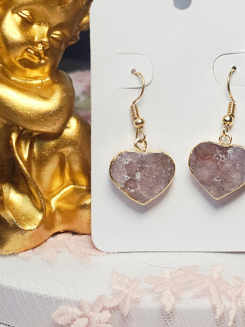 Handmade Pink Amethyst Heart Earrings, Gold Jewelry