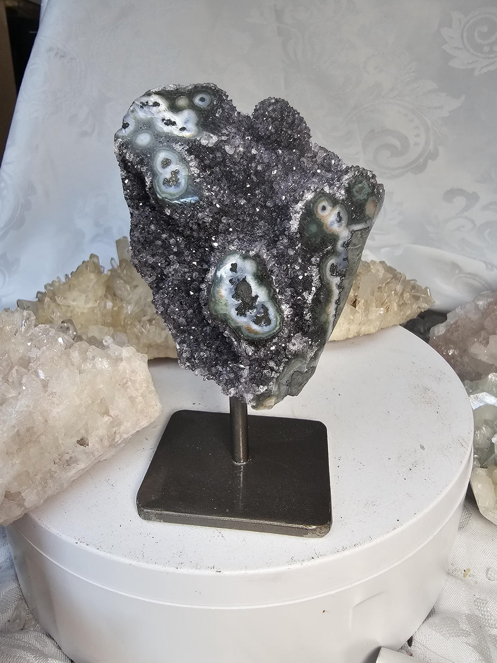 Rare Black Amethyst Stalactite on a Stand, Black Amethyst, Uruguay Statement Piece