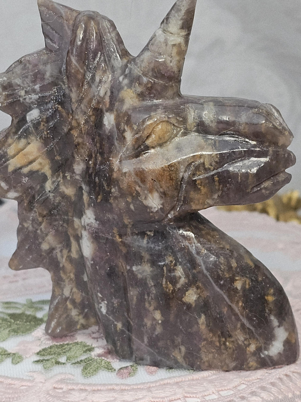 Rare Unicorn Stone Unicorn Carving, Pink Tourmaline Lepidolite Crystal