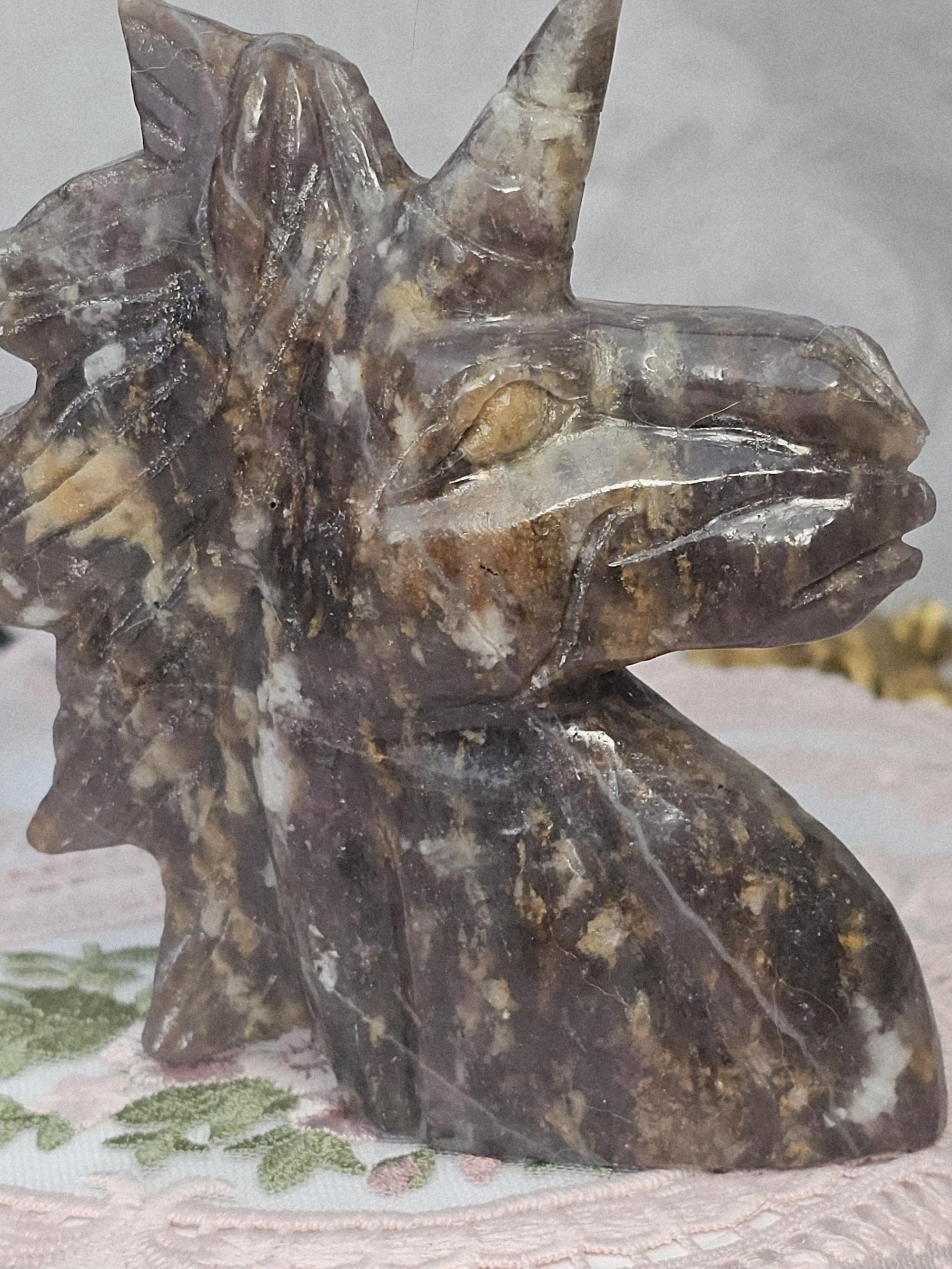 Rare Unicorn Stone Unicorn Carving, Pink Tourmaline Lepidolite Crystal