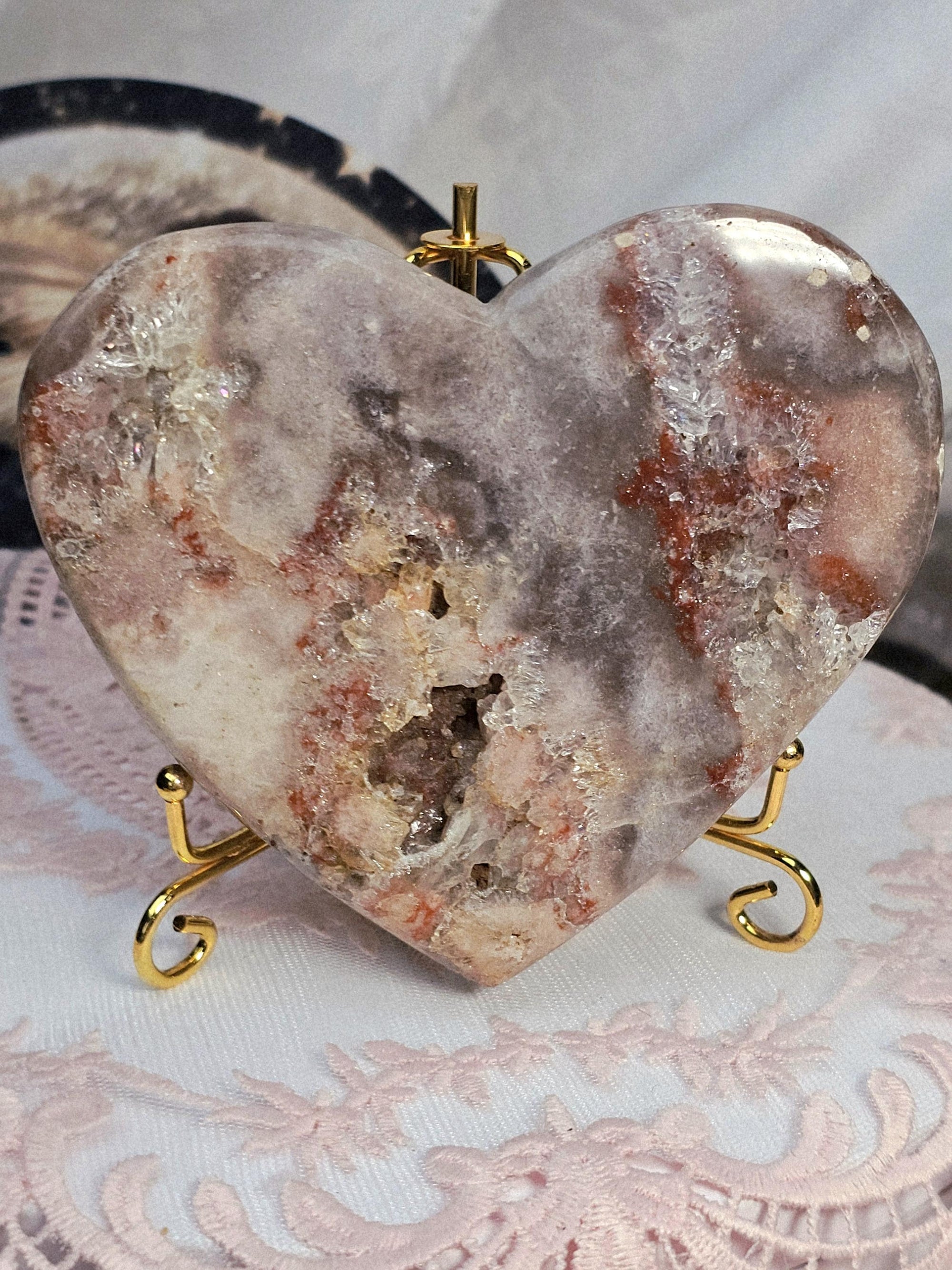Pink Amethyst Druzy Heart, Brazilian Crystal, Rose Gold Stand