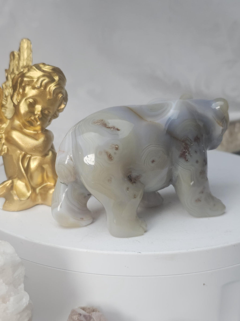 Banded Agate Bear Statue, Druzy Crystal Sculpture, Home Decor