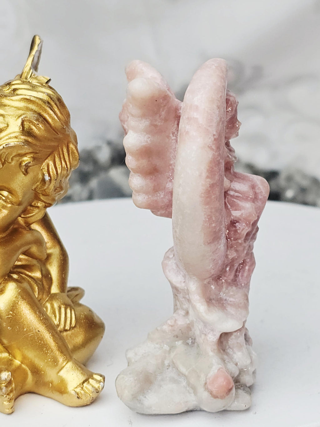 Pink Opal Fairy in a Moon , Pink Opal, Pink Fairy, Crystal Sculpture, Dragon, Fairy