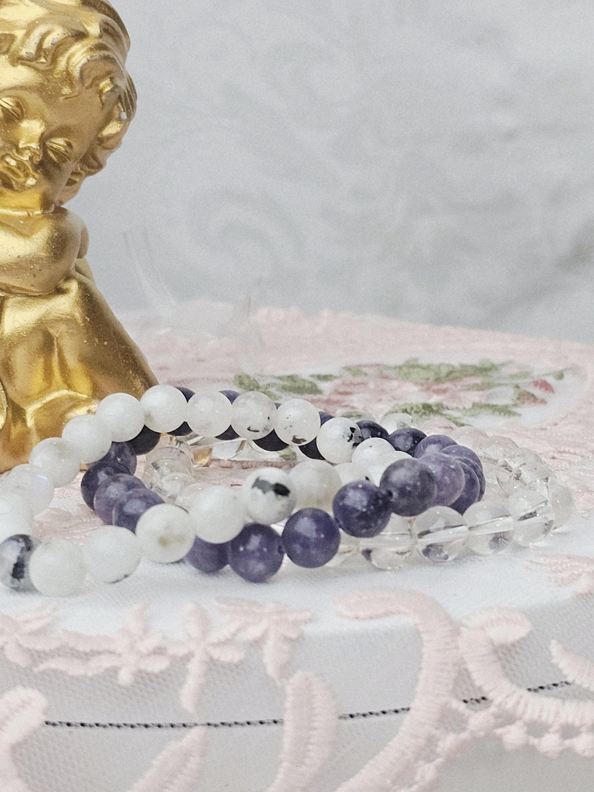 Lepidolite Moonstone Quartz Bracelet Set, Boho Crystal Healing