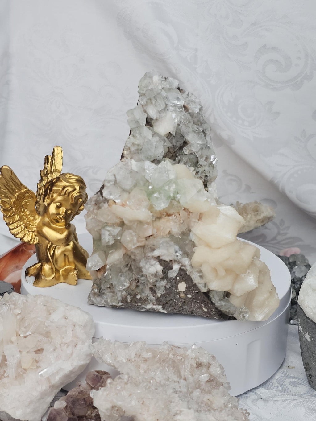 RARE Lg Green and White Diamond Apophyllite with Stillbite from India , Apophyllite, Statement Piece, Crystal