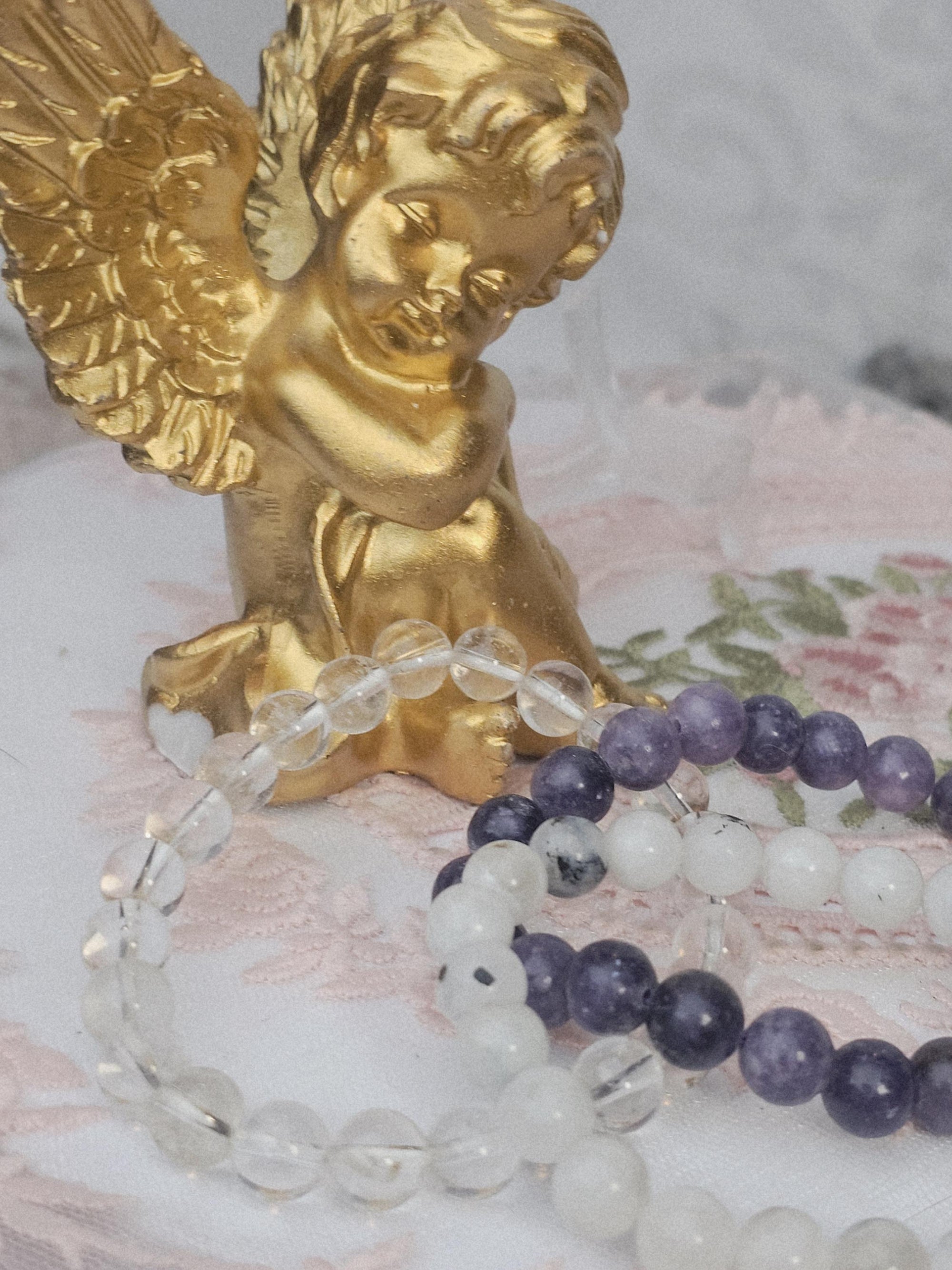 Lepidolite Moonstone Quartz Bracelet Set, Boho Crystal Healing