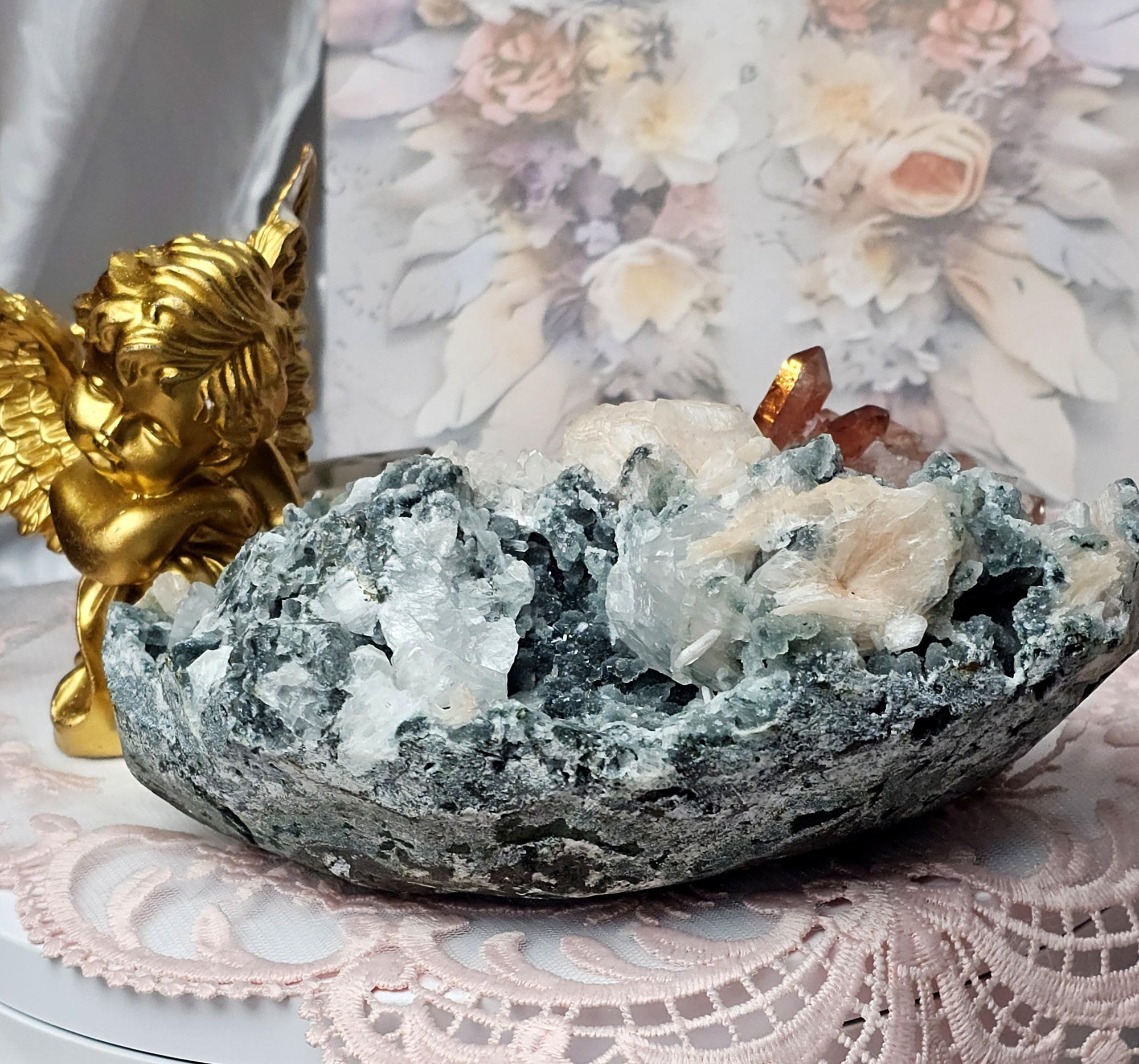 Large Apophyllite Cluster with Green Chalcedony and Stillbite, India