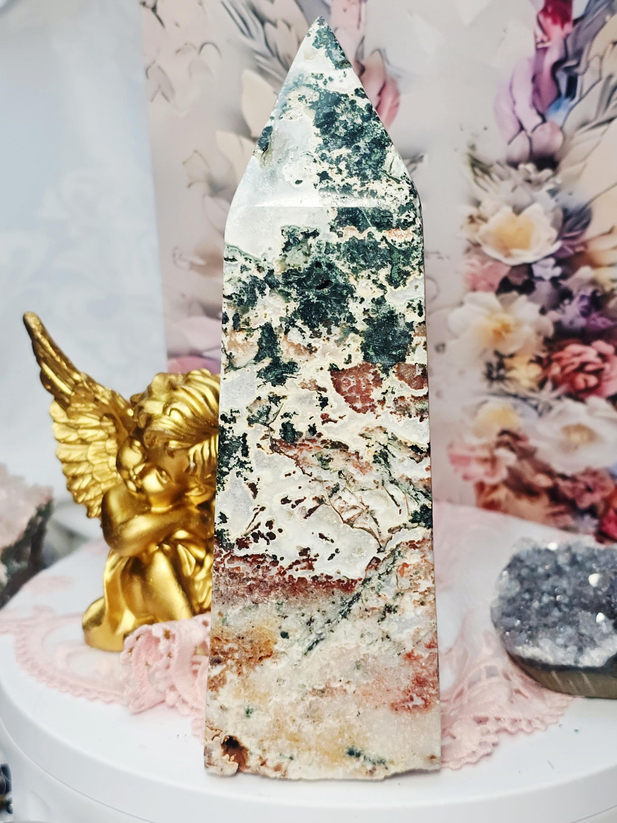 Rare Pink Amethyst Moss Agate Tower, Large Crystal Point, Crystals, Healing crystals, Calming Stone